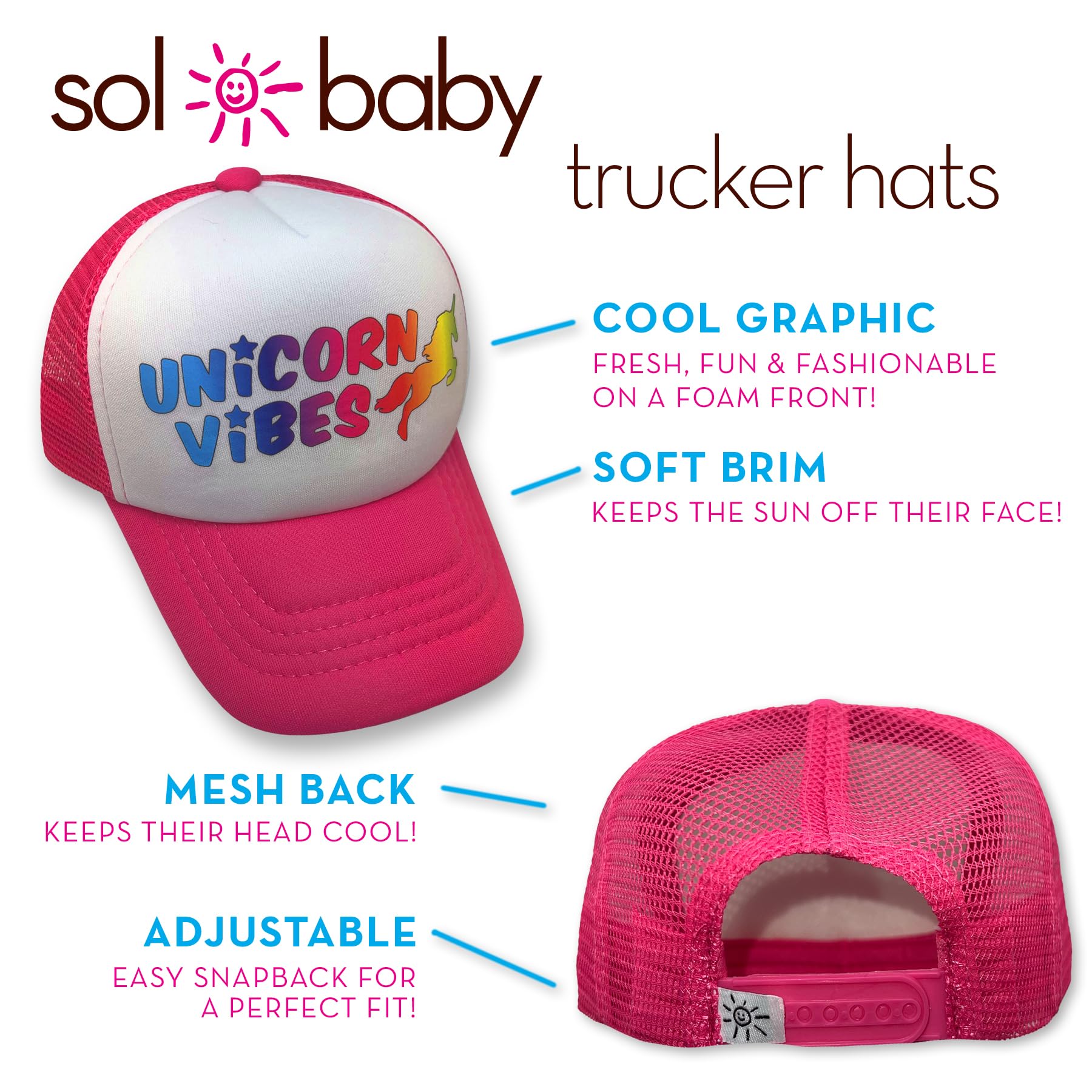 Sol Baby Unicorn Snapback Hat - Adjustable Pink Mesh Cap for Summer Beach