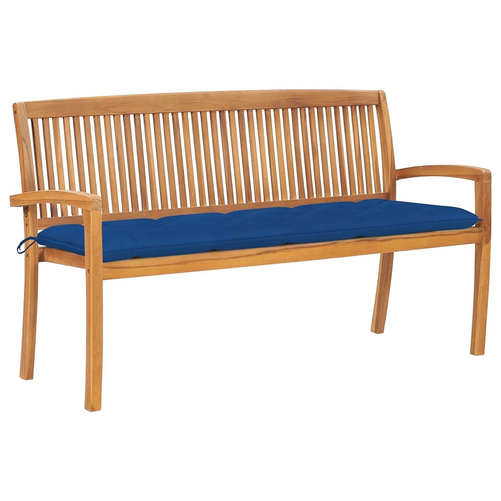 vidaXL Solid Teak Wood Patio Bench - Stackable Outdoor Seating with Blue Cushion - Weatherproof Garden & Terrace Furniture - Perfect for Backyard, Poolside & Patio Relaxation