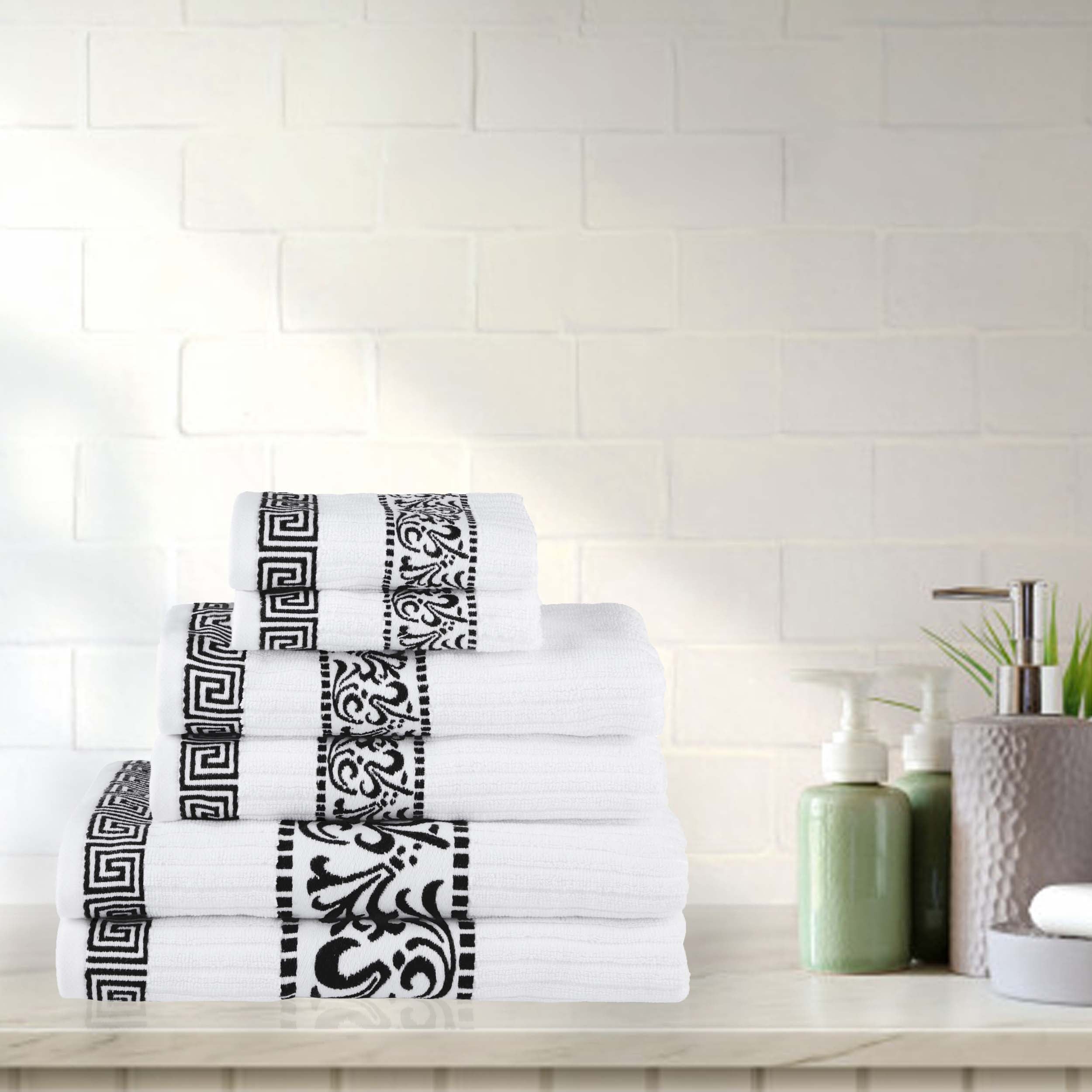 Athens Cotton Greek Scroll and Floral 6-Piece Bath Towel Set - Soft & Absorbent for Bathroom, Spa, and Beach Use