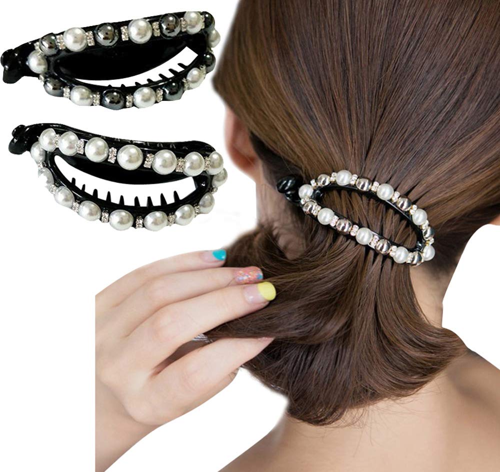 Sparkly Black and White Pearl Bow Banana Hair Clips - Diamond Ponytail Holder with No Slip Grip Teeth for Women & Girls - Perfect for Weddings, Parties, and Everyday Hair Styling