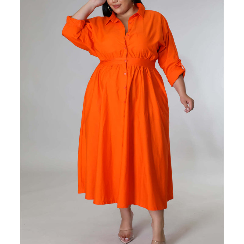 Plus Size Solid Color Long Sleeve Shirt Dress for Women - Casual Office Wear & Everyday Outfit