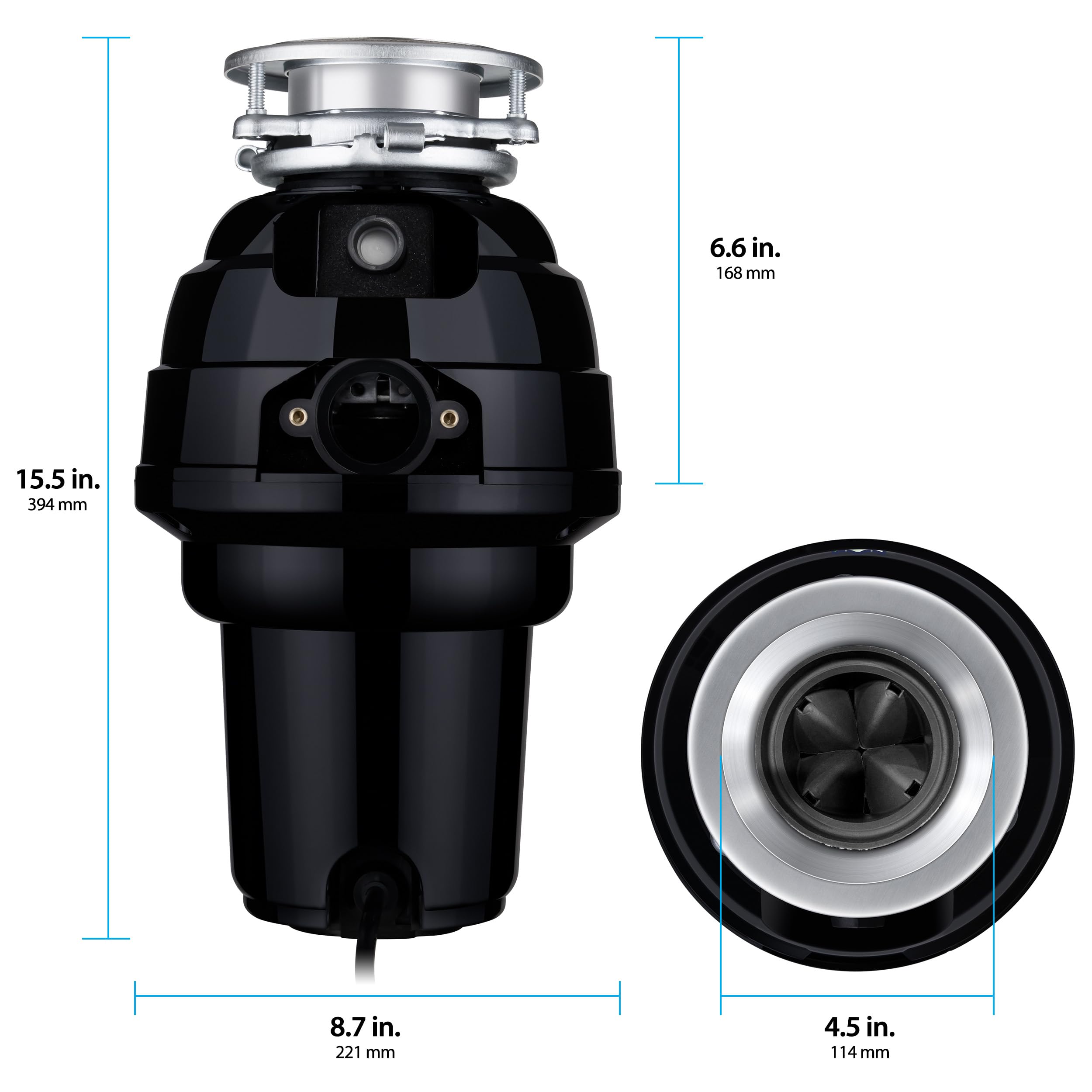 Premium 1-1/4 HP Stainless Steel Garbage Disposal System - Waste Maid WM-658-3B Anti-Jam Food Waste Grinder (Black) for Kitchen Sink Waste Management | Perfect for Home, Restaurant & Commercial Use