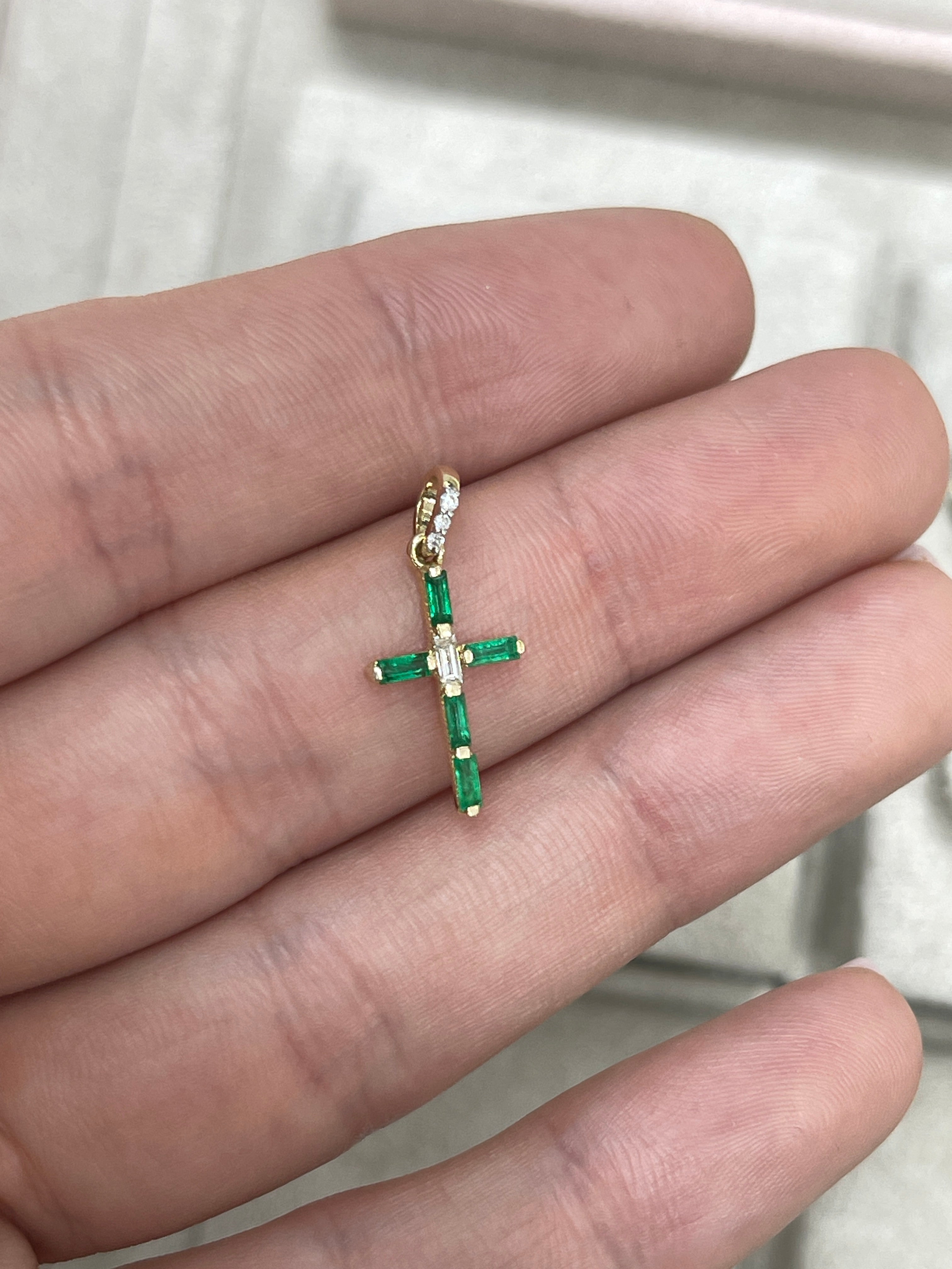 14K Gold Emerald Cross Pendant with Baguette & Round Diamonds - Elegant Religious Jewelry for Baptism, First Communion & Special Occasions