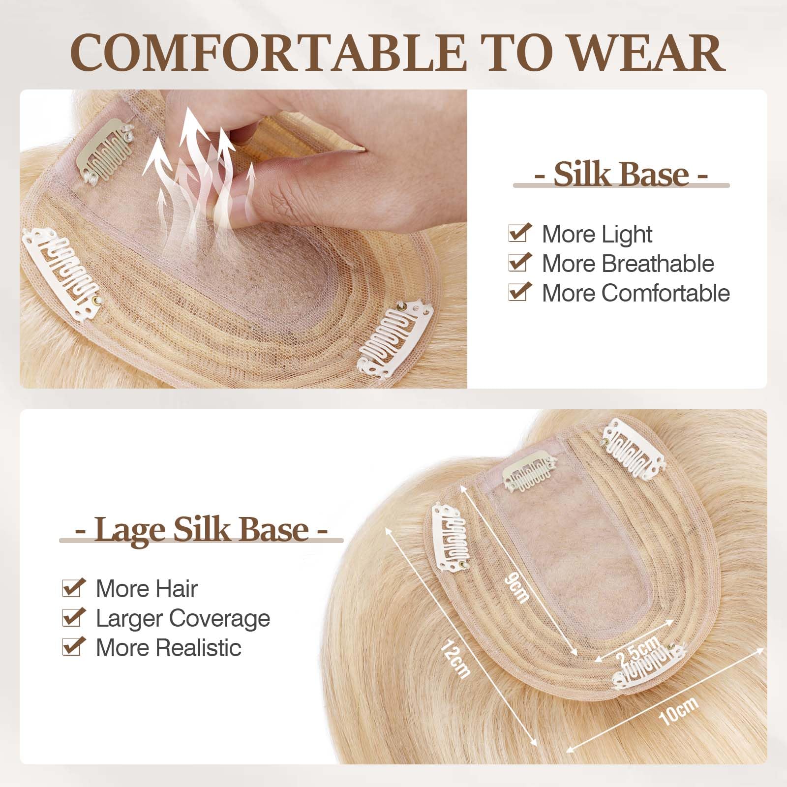 100% Human Hair Toppers for Women with Thinning Hair - 10 Inch Remy Clip-In Topper with Silk Base in Ash Blonde Highlights (#18P613) | Perfect for Daily Wear, Special Occasions & Hair Volume Enhancement