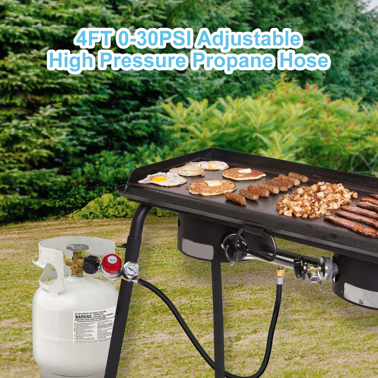 **WADEO 4 FT 0-30 PSI Adjustable High Pressure Propane Regulator with Hose & Gauge, 1/8
