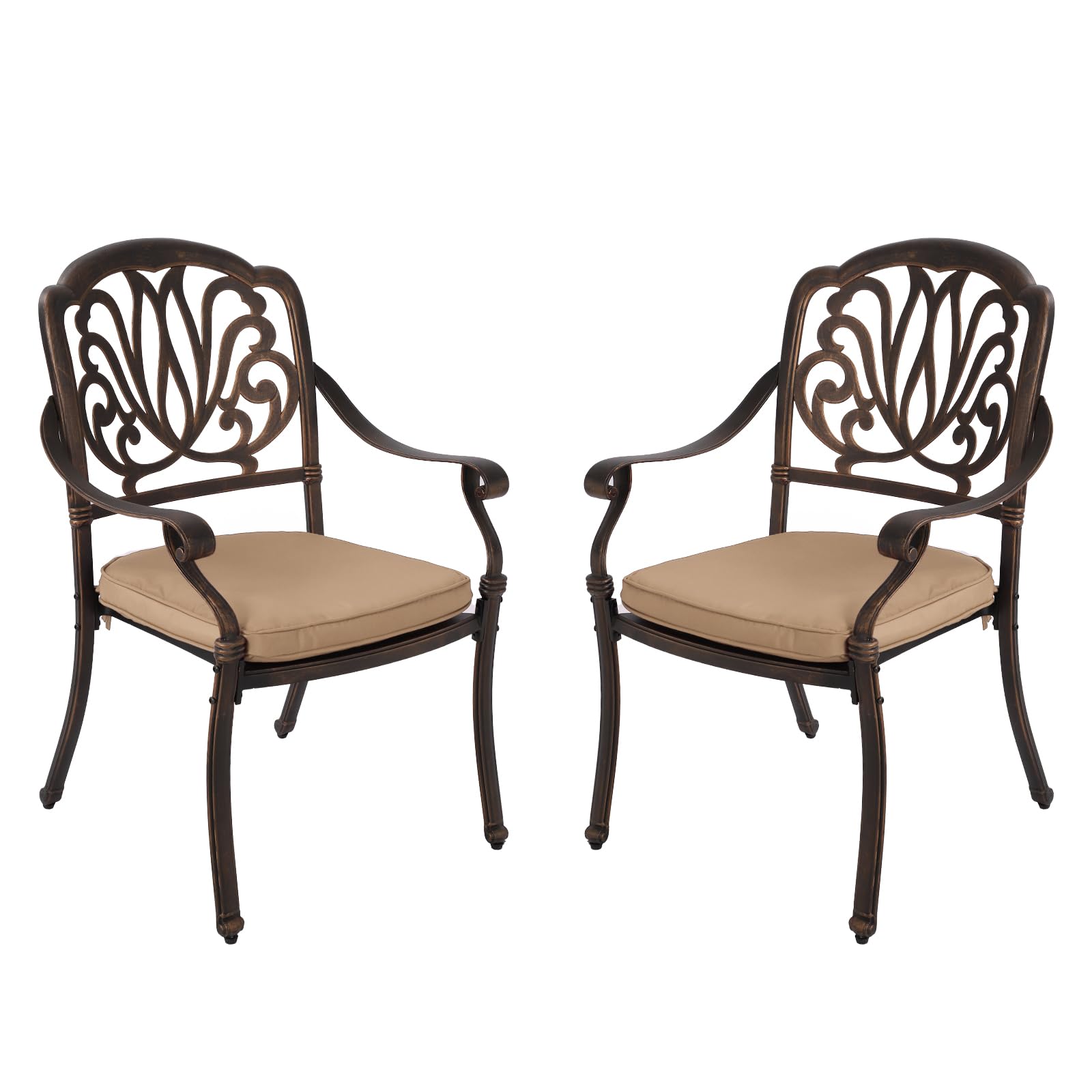 MAGIC UNION 2-Piece Outdoor Dining Chair Set - Durable Cast Aluminum Patio Chairs with Armrests & Khaki Cushions - Perfect for Garden, Backyard, Deck, Poolside & Bistro Dining (Khaki, Set of 2)