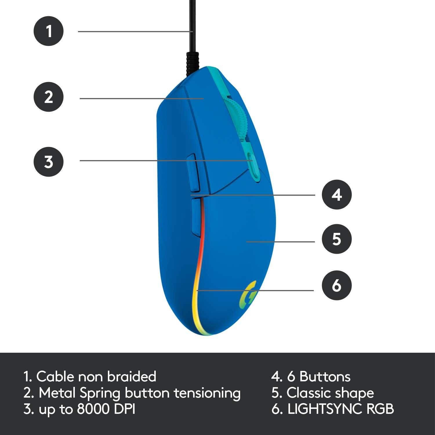 Logitech G203 2nd Gen Wired Gaming Mouse - 8000 DPI, RGB LIGHTSYNC Lighting, 6 Programmable Buttons, On-Board Memory | Compatible with PC, Mac, Laptop | Perfect for FPS, MOBA Gaming & Office Work