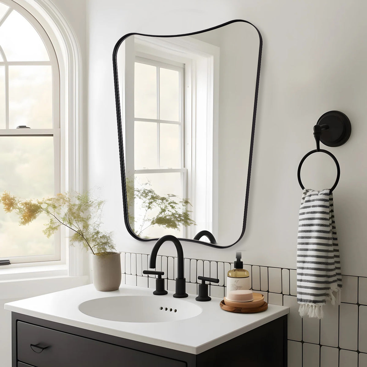 Modern Concave Top Rectangle Irregular Scalloped Bathroom Wall Mirror with Stainless Steel Frame - Perfect for Vanity, Powder Room & Modern Home Decor
