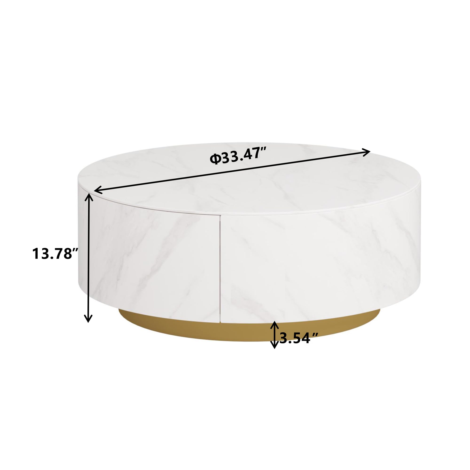 Modern Round Coffee Table with 2 Drawers - Sintered Stone Tabletop & Gold Metal Base - 33.4