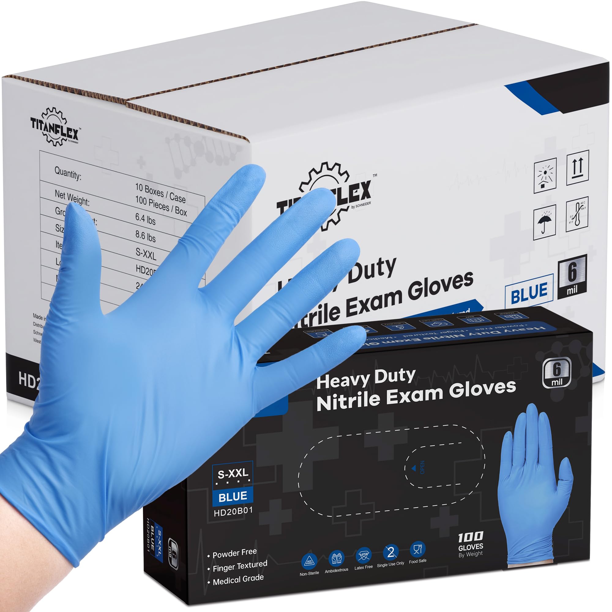 TitanFlex Heavy Duty 6 mil Blue Nitrile Gloves - Latex Free, Powder Free Disposable Gloves for Cooking, Mechanics, Cleaning & Food Handling - 100 Pcs/Pack