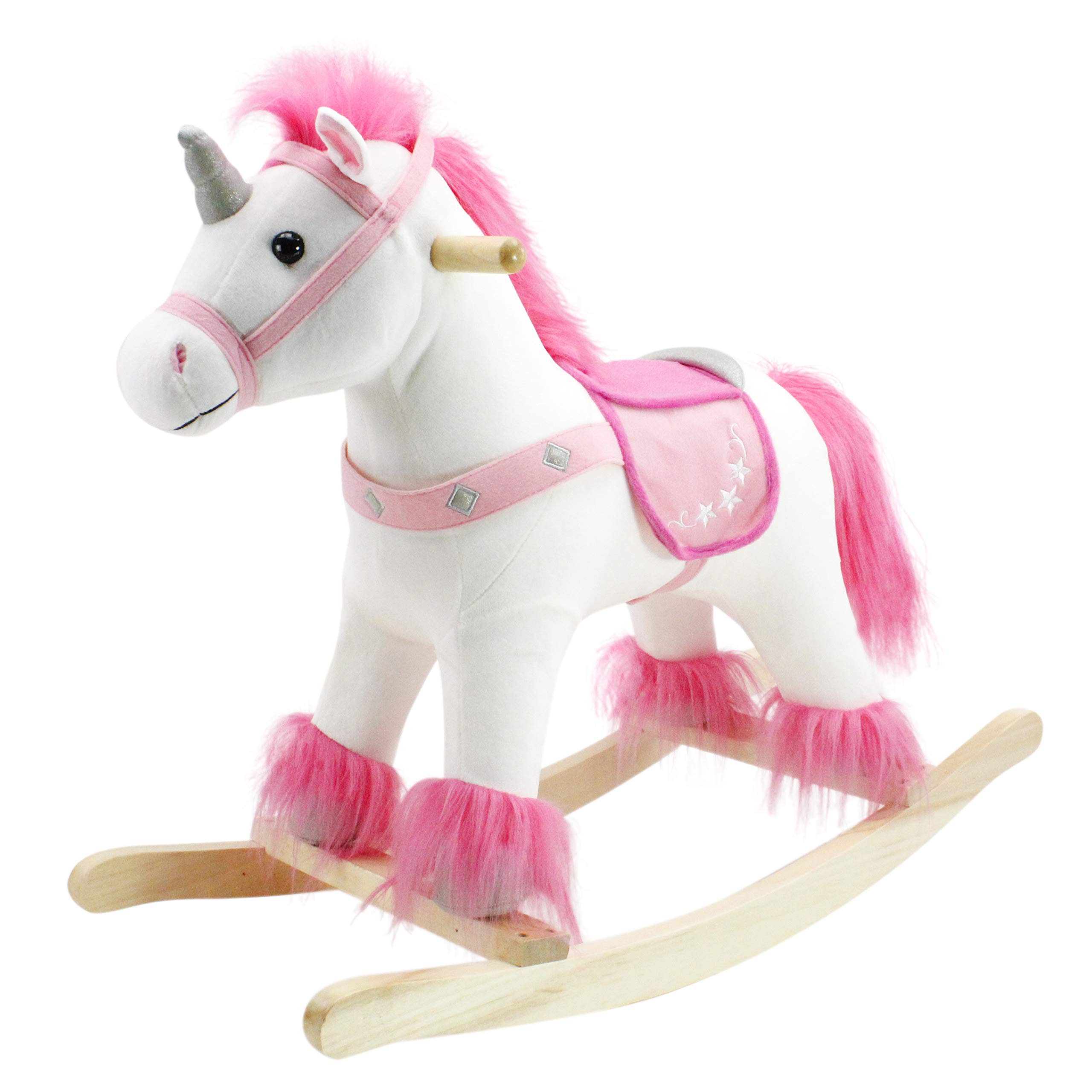 White and Pink Unicorn Wooden Ride-On Rocker Toy for Kids Ages 3+ | Real Wood Plush Rocking Horse | Perfect for Nursery, Playroom & Gift for Toddlers