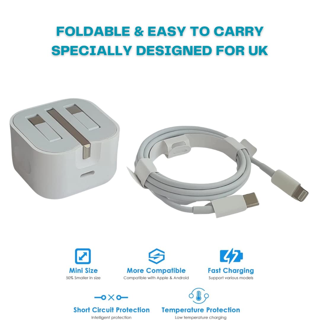 20W USB C Fast Charger with 1M Cable - PD Wall Charger Compatible with iPhone 14/13/12/11/X/8/7, iPad Pro, Samsung Galaxy - Quick Charge 3.0 Power Adapter for Home, Office & Travel