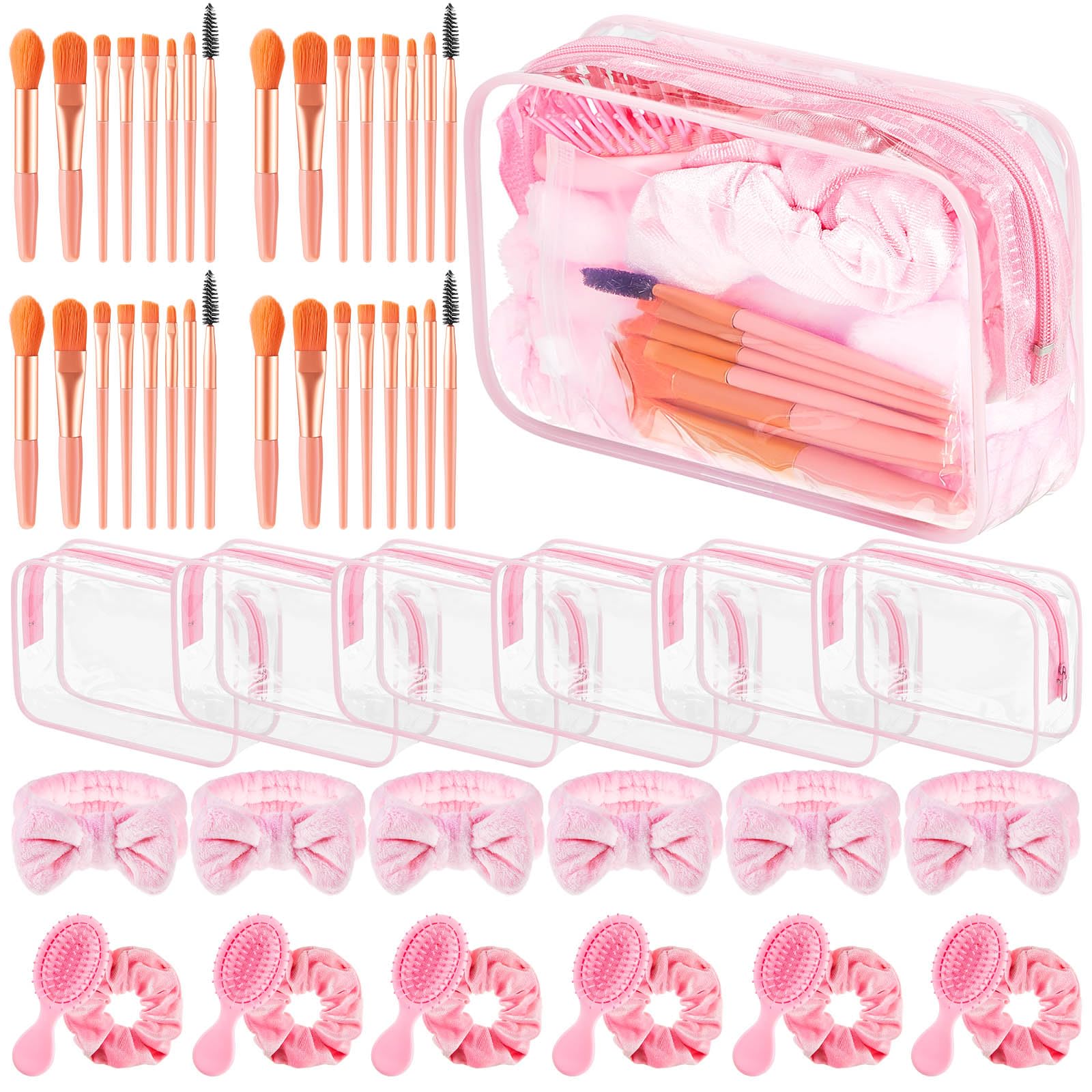 6-Piece Pink Spa Party Favors Set for Women - Travel Makeup Brush Bag, Mini Hair Brushes, Headband & Scrunchies - Perfect for Sleepovers, Bachelorette Parties, Weddings, Bridal Showers & Bridesmaid Gifts - Ideal for Relaxation, Self-Care & Girls' Night In
