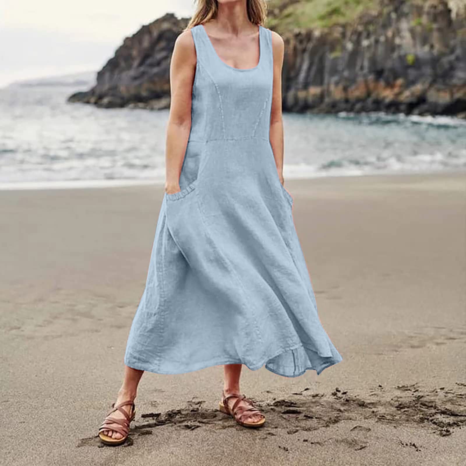 Women's Summer Sleeveless Cotton Linen Dress - Casual Solid Color Pocket Dress with Neutral Tones | Perfect for Beach Vacations, Brunch Dates & Summer Outings