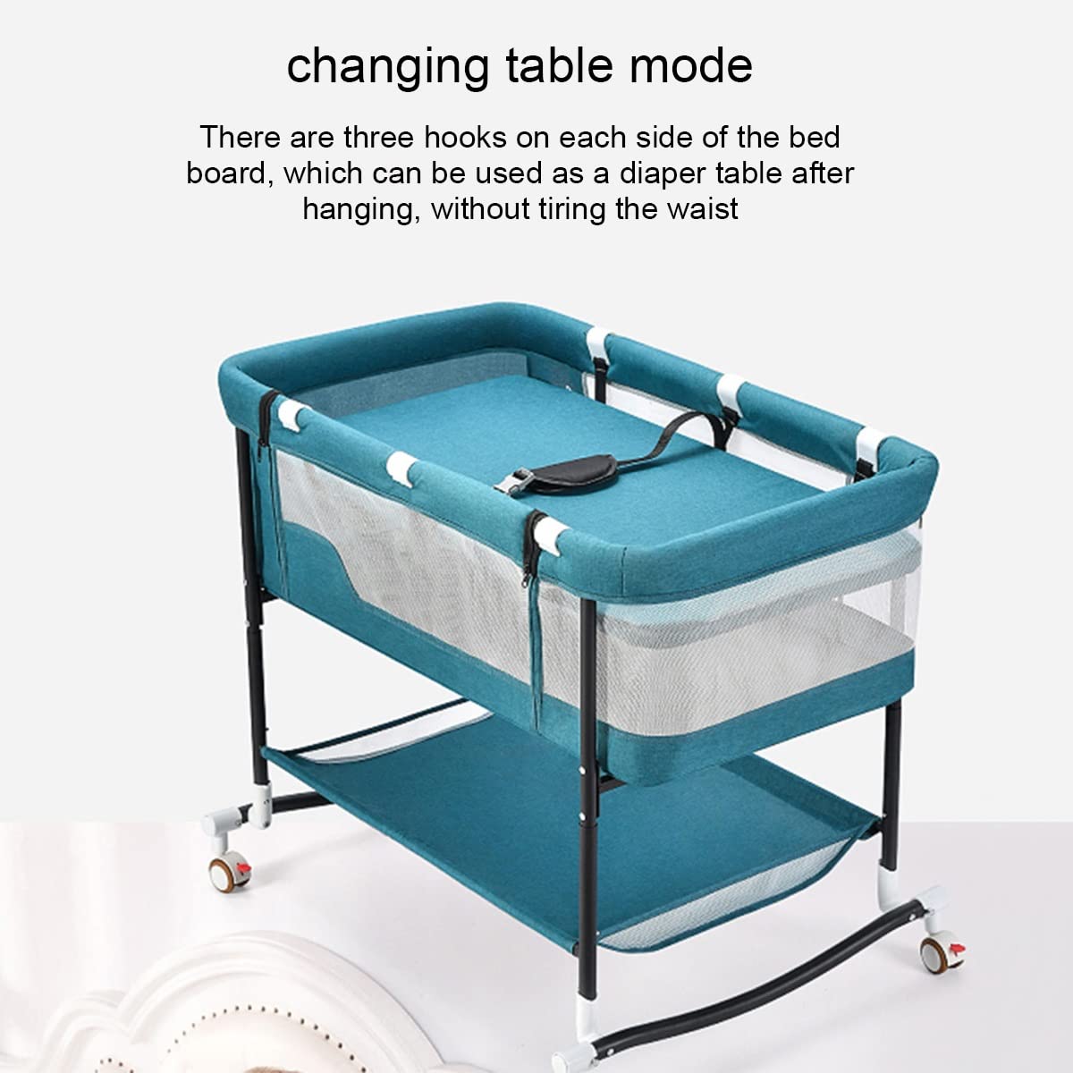 GENYS Adjustable Height Bedside Crib & Co-Sleeper for Babies 0-24 Months - Portable Rocker with Wheels, Mosquito Net & Breathable Mesh - Perfect for Nursery, Bedroom & Travel (Blue)