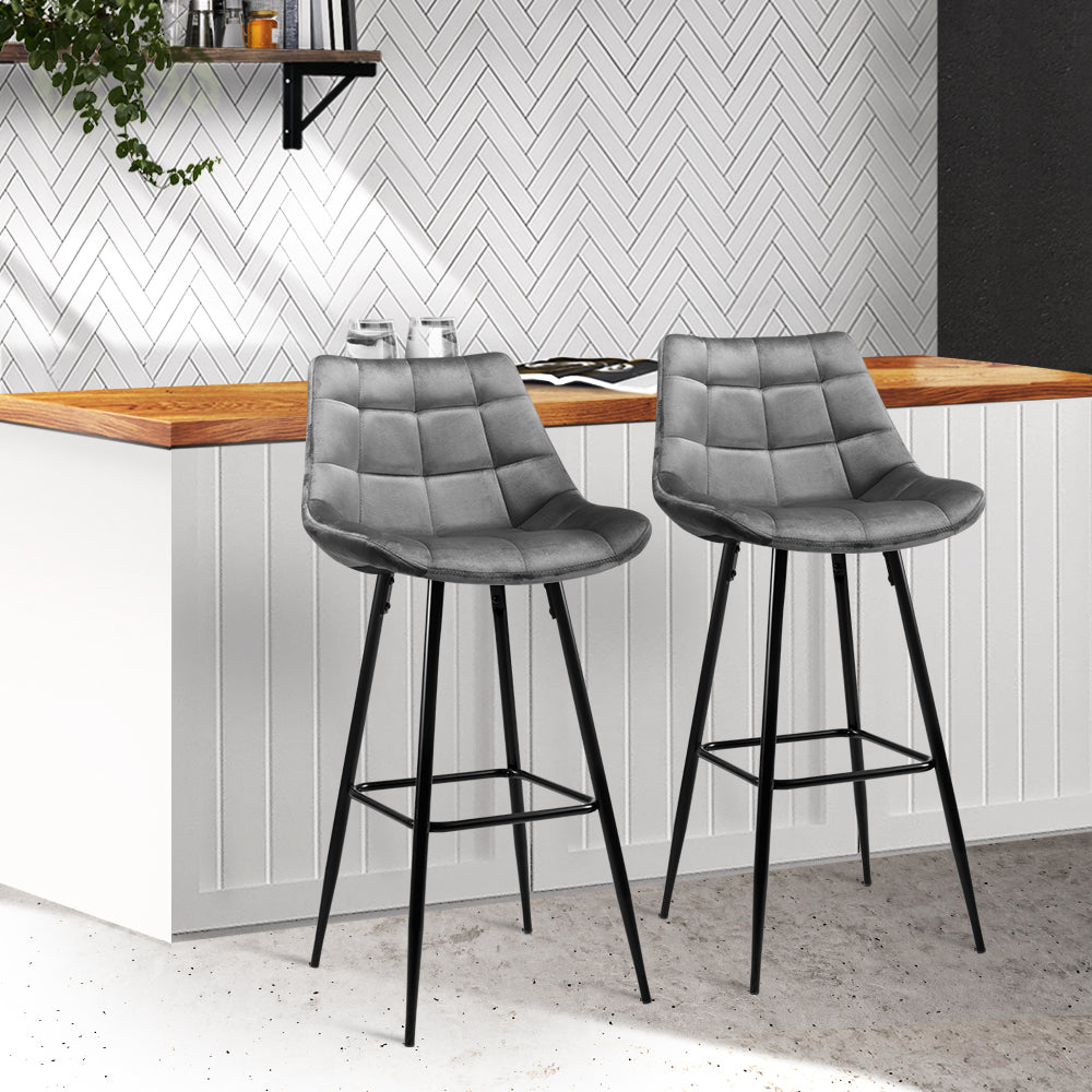 2-Pack Grey Velvet Bar Stools - Modern Kitchen Counter Stools for Dining Room, Bar, or Breakfast Nook - Comfortable & Stylish Seating Solution