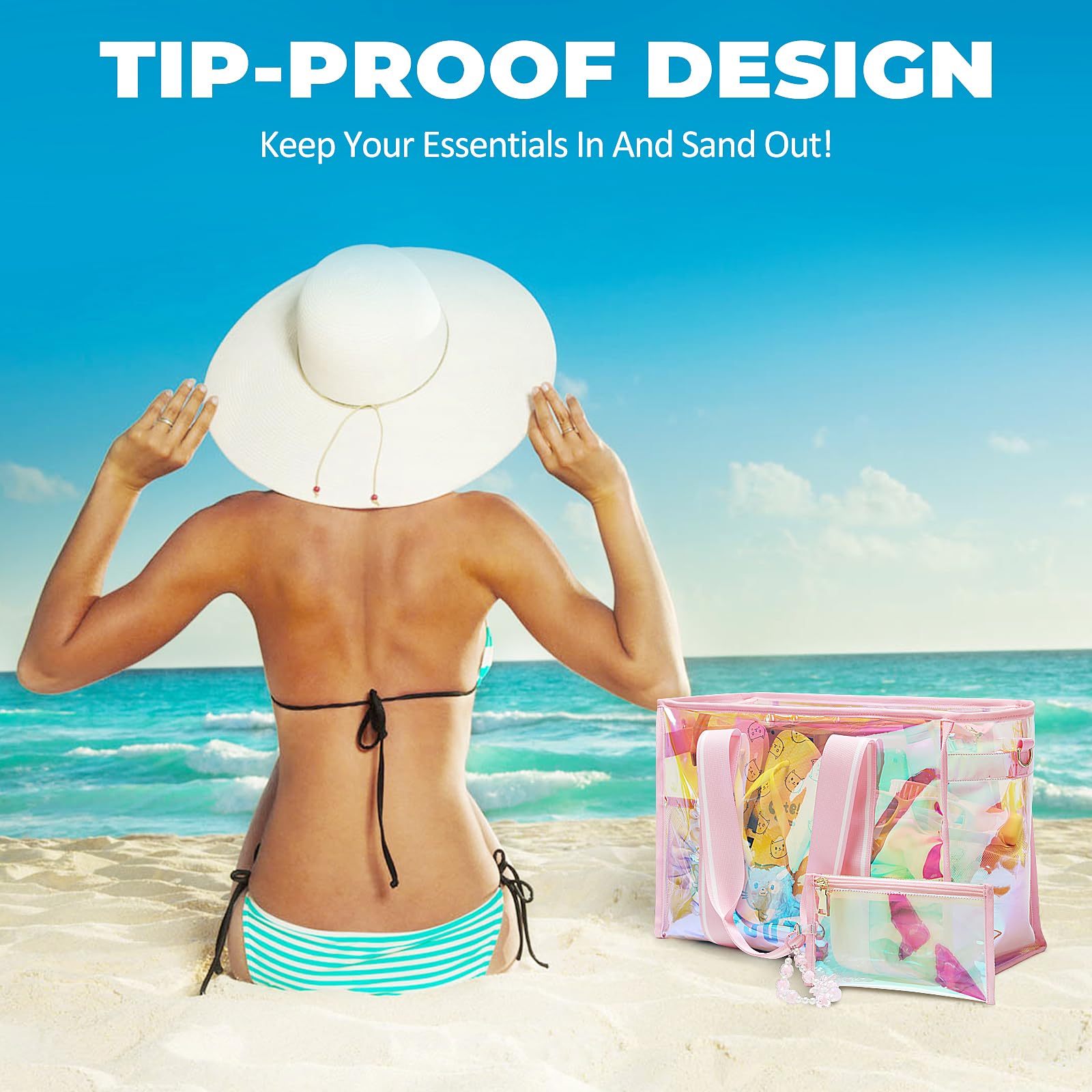 Large Beach Tote Bags for Women - 26L Waterproof Iridescent Clear Tote Bag with Tip-Proof Design | Perfect for Beach, Pool, Gym & Travel Accessories