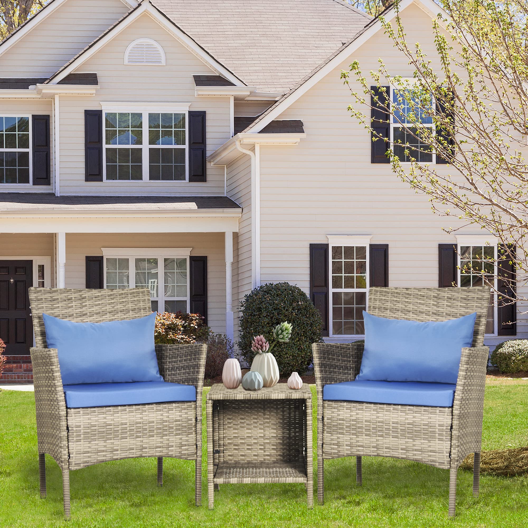 Tappio 3-Piece Outdoor Patio Furniture Set - PE Rattan Wicker Bistro Chairs with Washable Cushions & Pillows - Perfect for Garden, Poolside, Balcony, Porch or Backyard Relaxation