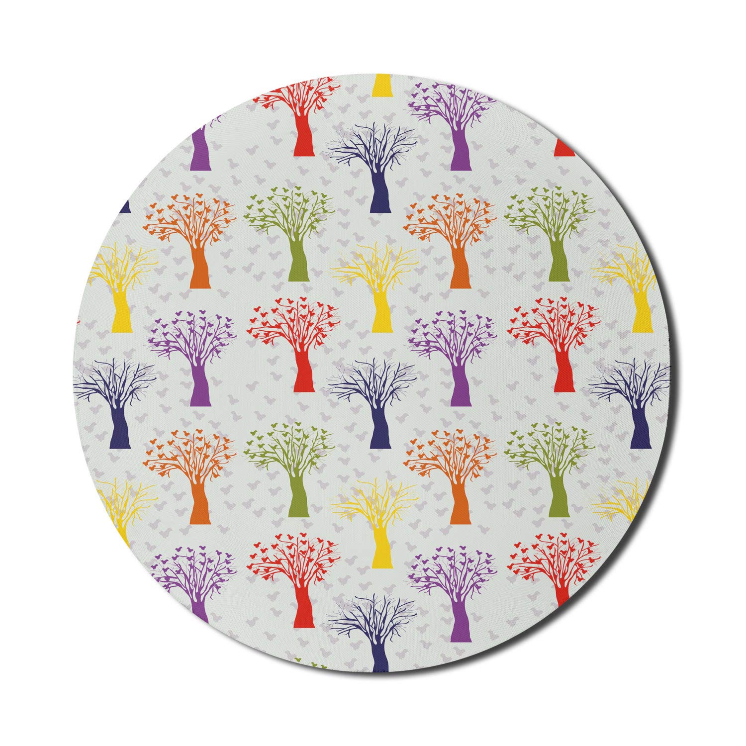 Ambesonne Nature Themed Mouse Pad - Non-Slip Round Gaming Mousepad with Colorful Sparrow & Tree Bird Patterns, 8 Inch Thick Rubber Base (Indigo/Multicolor) | Perfect for Office, Home Computer & Gaming Setup
