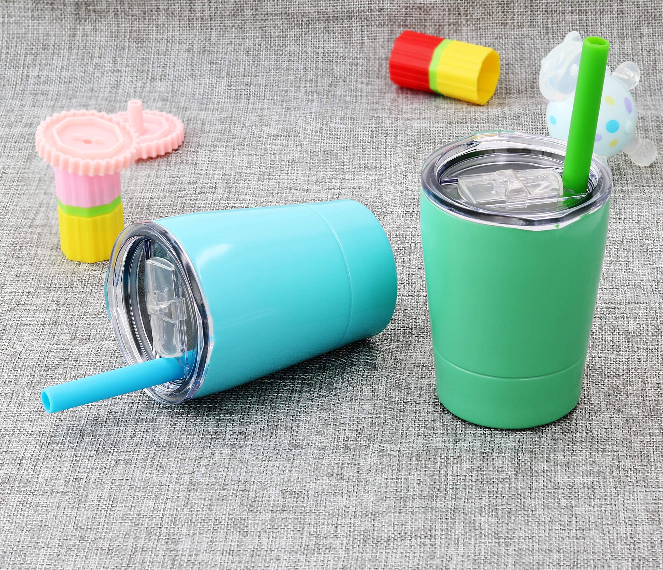 Stainless Steel Kids Straw Cup Set of 2 - Insulated Toddler Tumbler with Lid for Smoothie, Milk & Juice - 8.5oz Leakproof Travel Cup for Boys & Girls - Perfect for School, Picnics & Outdoor Activities (Teal Mint)