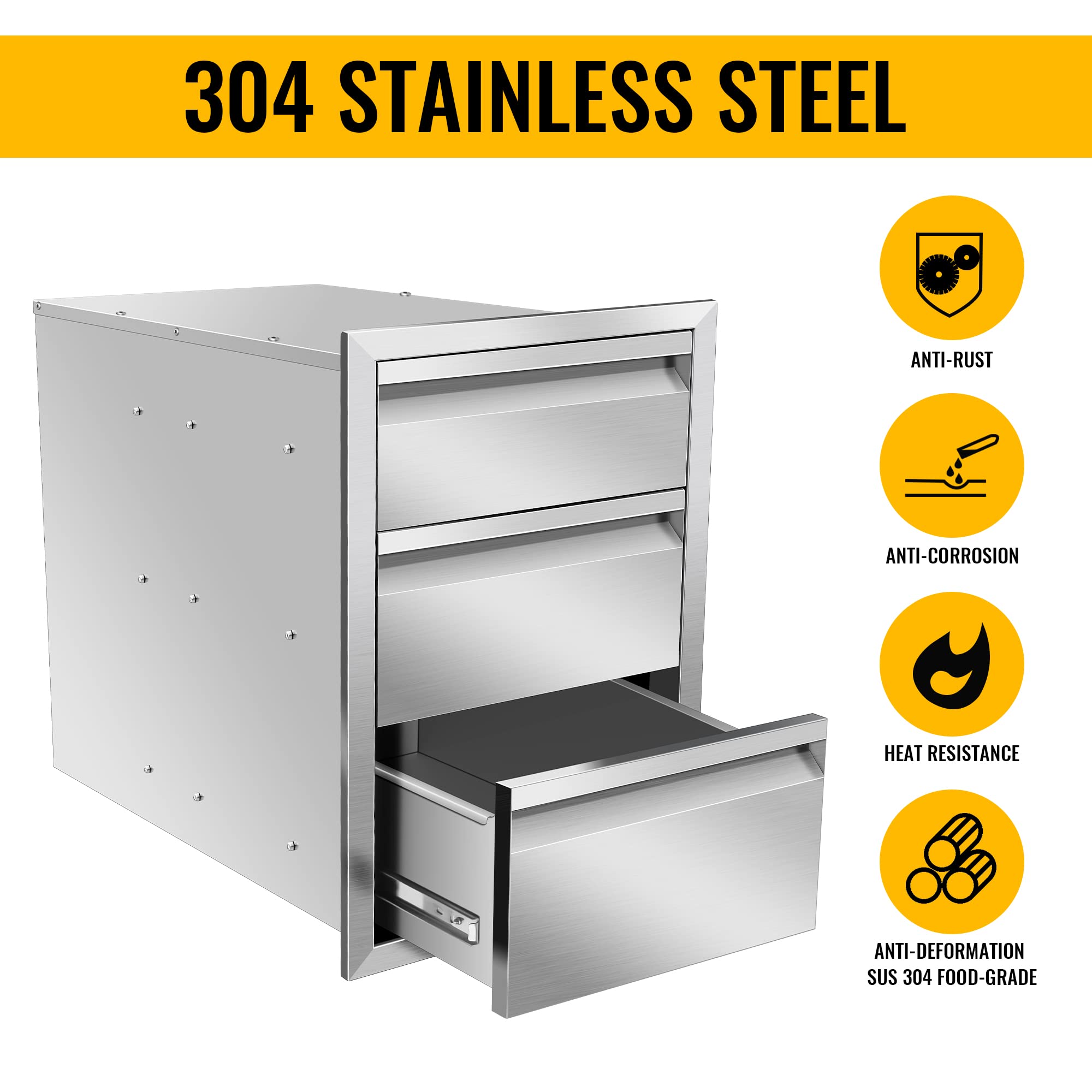 Stainless Steel Outdoor Kitchen Drawers - Flush Mount BBQ Island Drawers Without Handle, 16