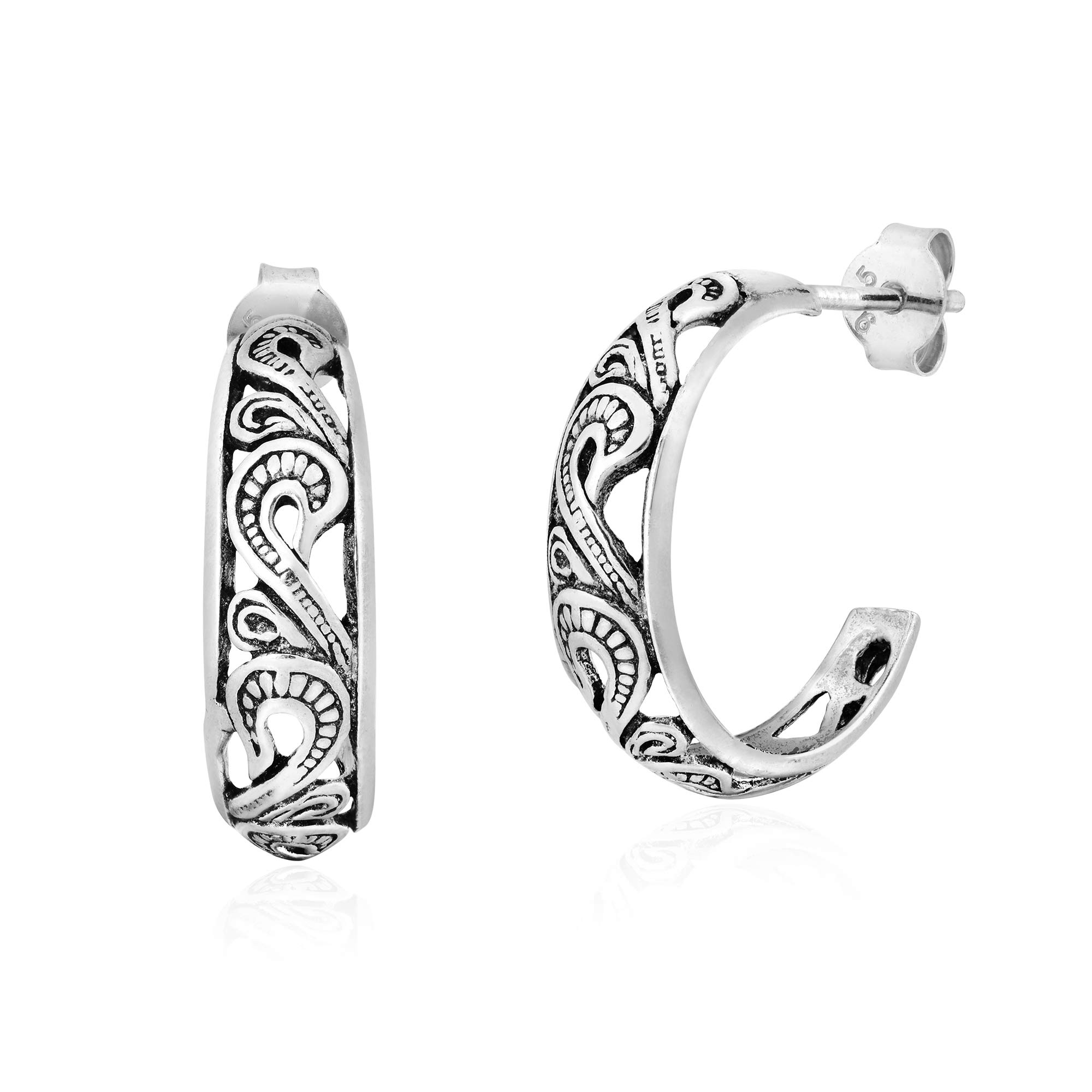 AeraVida .925 Sterling Silver Half Hoop Stud Earrings with Enchanting Swirls - Crescent Moon Design for Women | Elegant Hoop Earrings for Everyday Wear, Date Night & Special Occasions