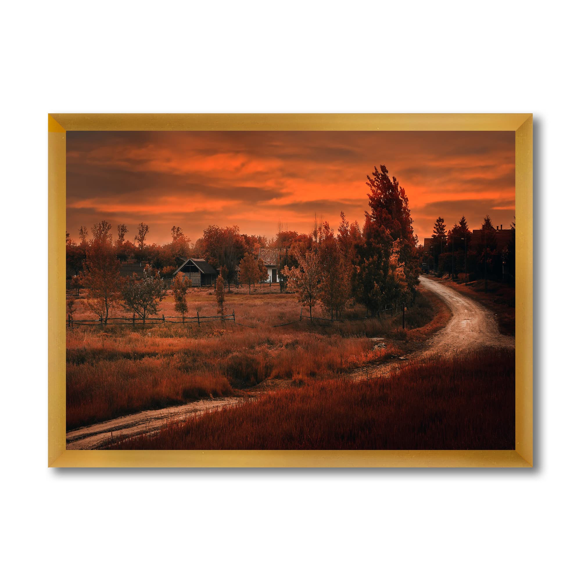 Dark Pink Sunset Over The Road By The Farm - Farmhouse Framed Wall Art Decor for Living Room, Bedroom & Office - Rustic Countryside Landscape Painting