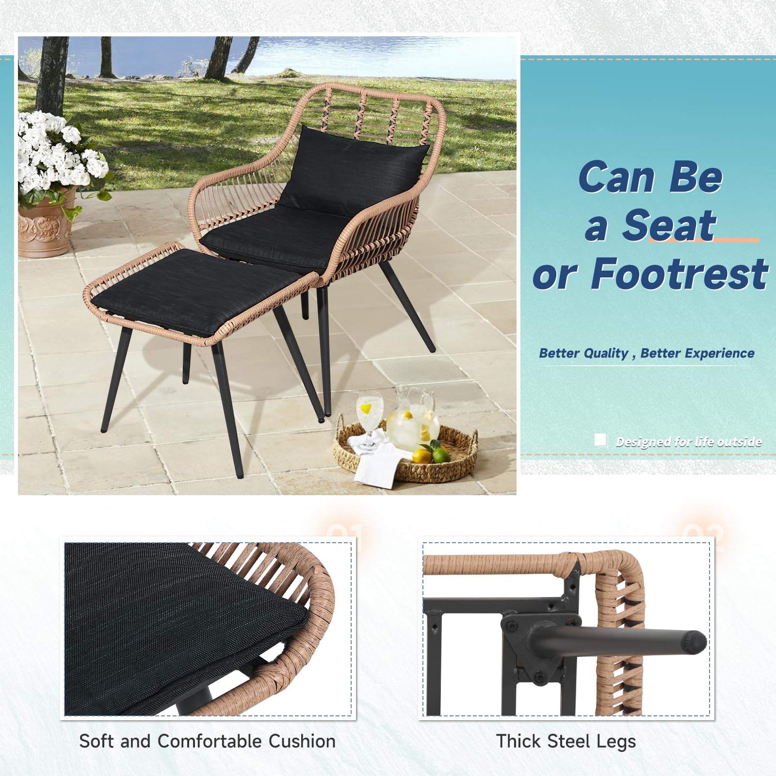 **Verano Garden 2-Piece All-Weather Wicker Ottoman Set with Soft Cushion – Outdoor Footstool & Seat for Patio, Garden, Poolside & Living Room – Perfect for Relaxing, Lounging & Entertaining**