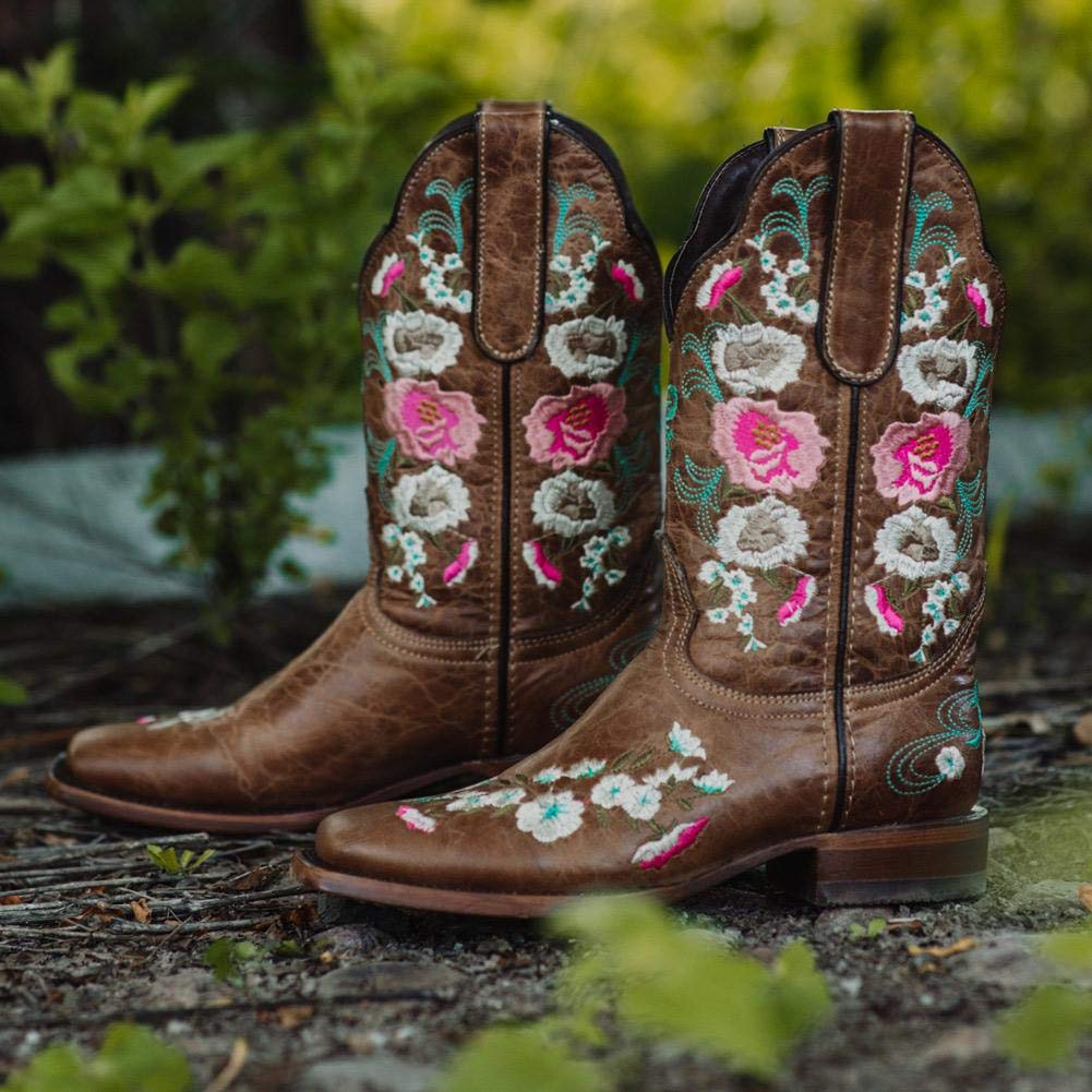 Soto Boots Women's Jasmine Floral Square Toe Cowgirl Boots - Genuine Leather Handcrafted Western Boots with Embroidery | Perfect for Country Dancing, Rodeo Events & Casual Wear (Style M50043, Tan)