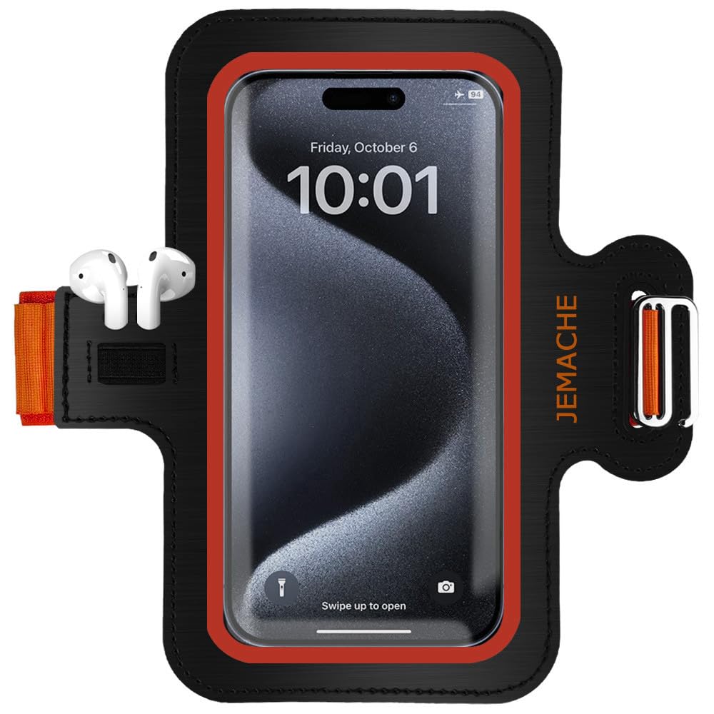 JEMACHE Running Armband for iPhone 16/15/14/13/12/11 Pro Max & Samsung Galaxy S25/S24/S23/S22 Ultra - Adjustable Phone Holder with Earphone Loop (Orange, Small) - Perfect for Gym, Jogging & Outdoor Workouts