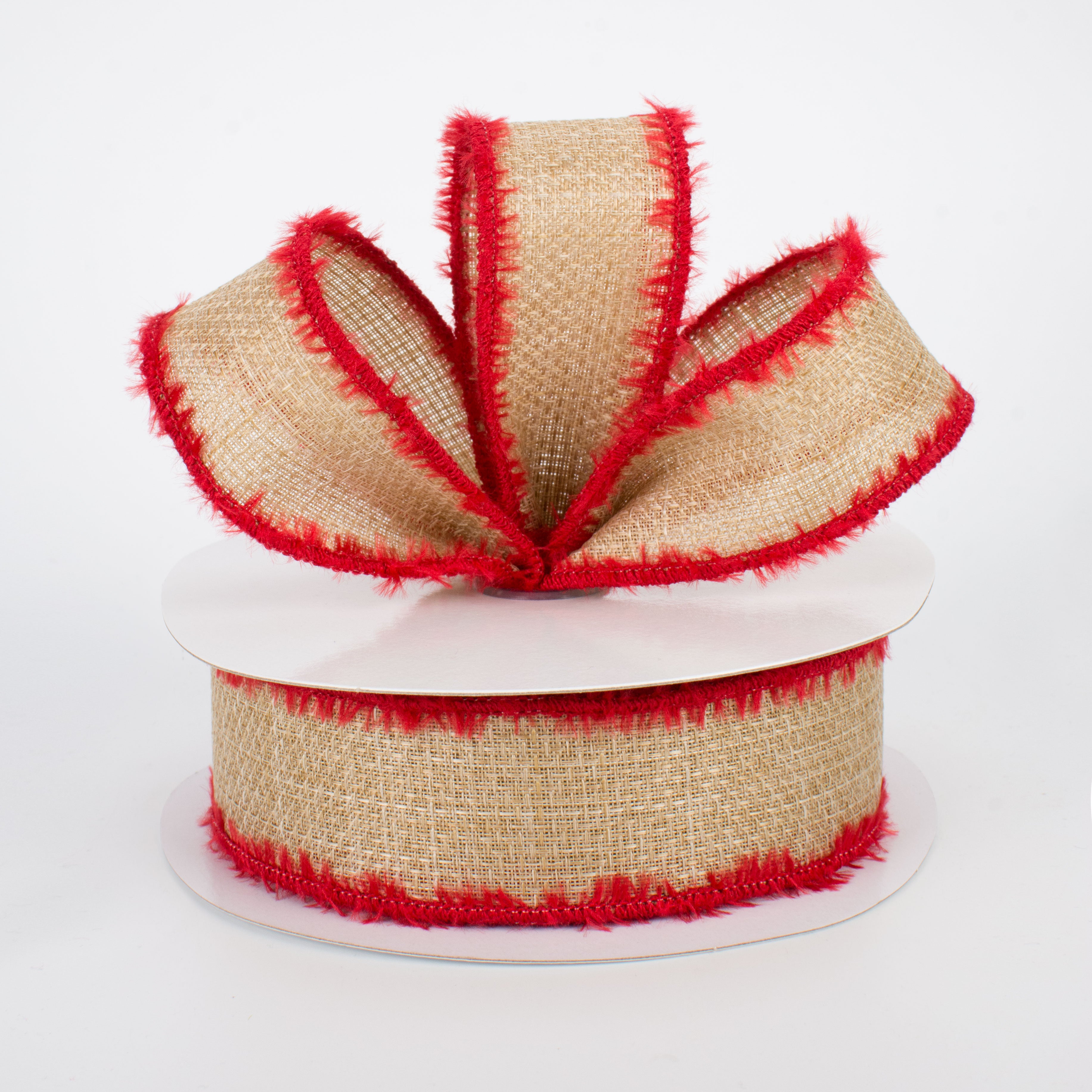 1.5 Inch Chenille Edge Ribbon - Soft Beige & Red Craft Ribbon (10 Yards) for Gift Wrapping, DIY Scrapbooking & Home Decor