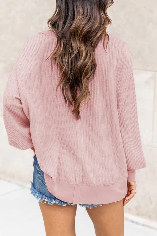 Hotmiss Women's Oversized Waffle Knit Long Sleeve Pullover Sweater - Casual Drop Shoulder Lightweight Sweatshirt for Fall & Winter, Lounge Wear, Coffee Dates, and Weekend Outings
