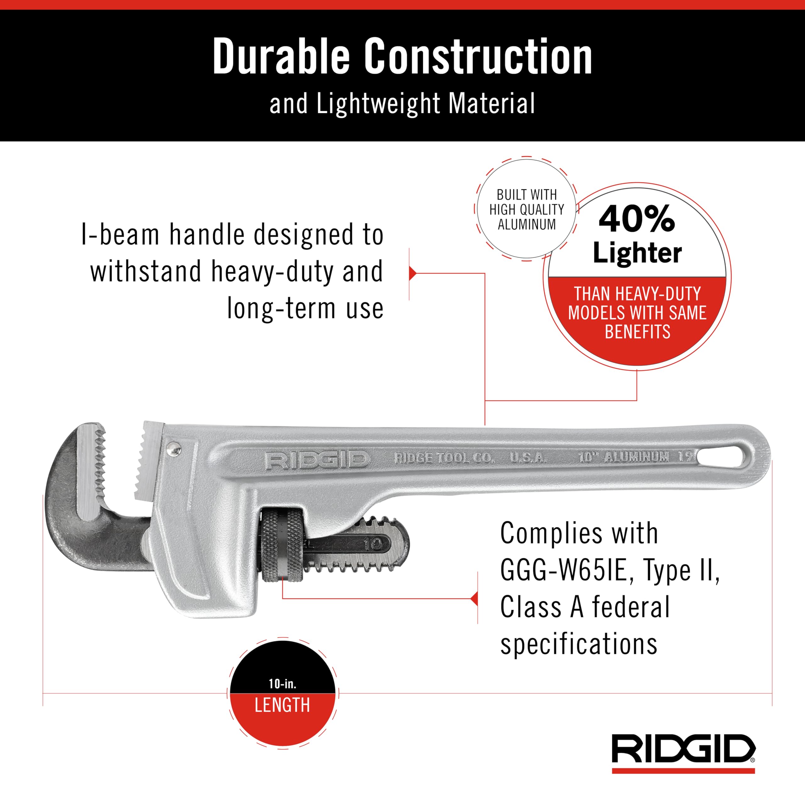 RIDGID 31090 10-Inch Aluminum Straight Pipe Wrench - Heavy Duty Plumbing Tool with Self-Cleaning Threads & Hook Jaws for Home Repair, Industrial Use, and DIY Plumbing Projects