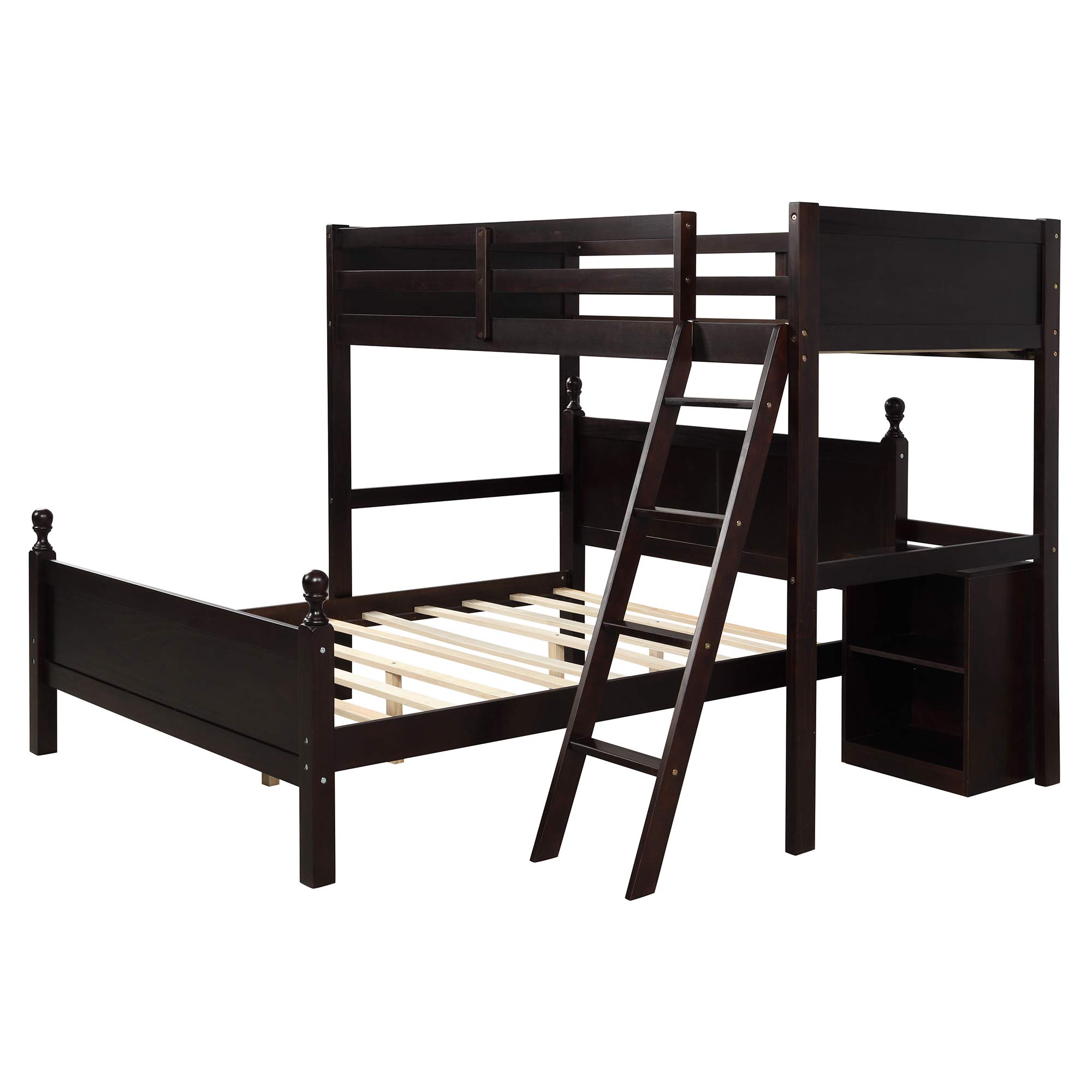 KLMM Twin Over Full Bunk Bed - Solid Wood Loft Bed Frame with Cabinet, Ladder & Guardrail | Convertible to 2 Separate Beds | Space-Saving Kids Bedroom Furniture (Espresso Finish) | Perfect for Small Rooms, Guest Rooms & Shared Kids' Bedrooms