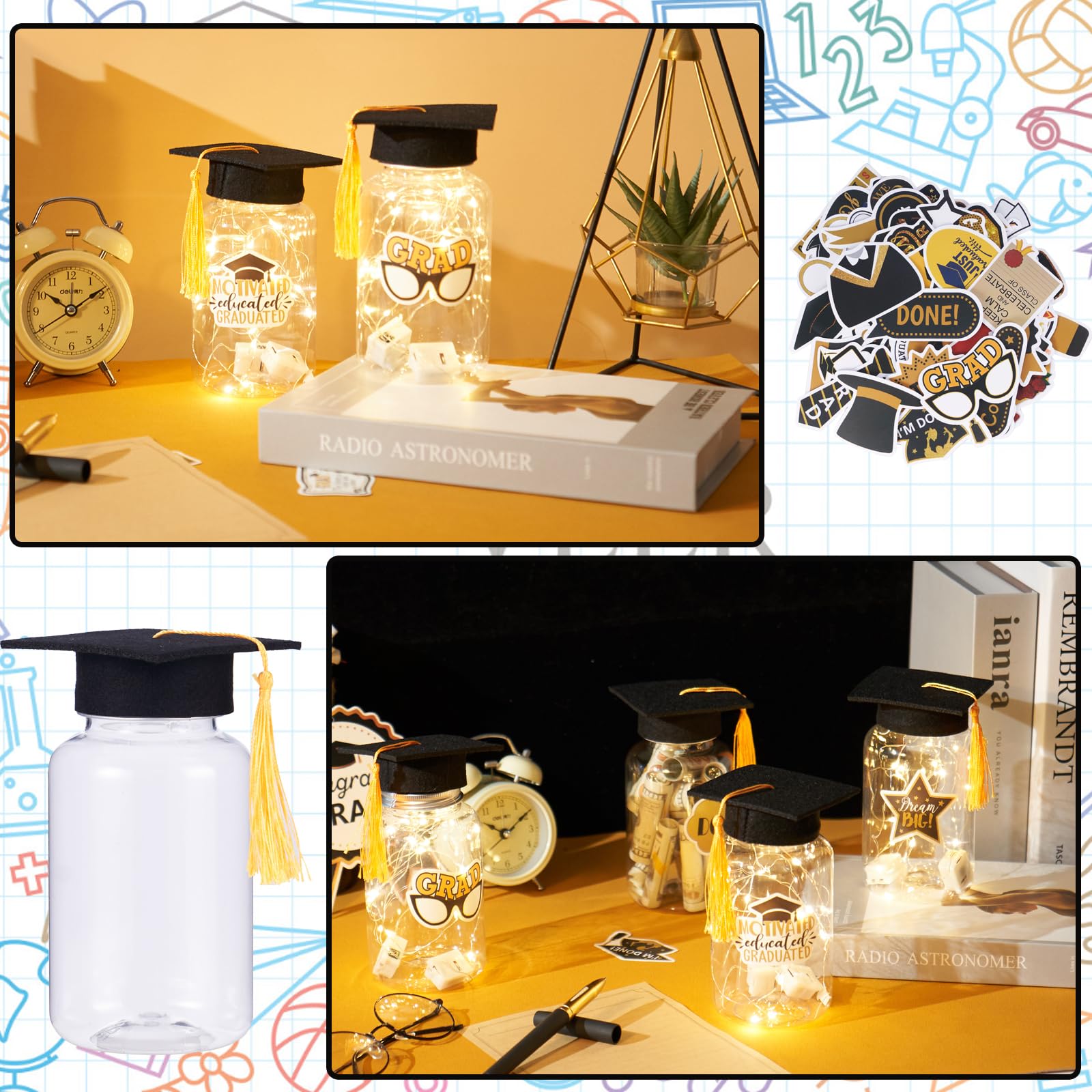 8 Pcs Graduation Jar Decorations with LED Lights - Class of 2025 Graduation Party Decor Set with Gratitude Jars, Graduation Hats & Stickers - Perfect for Graduation Table Centerpieces, Dorm Room Decor & Celebration Gifts