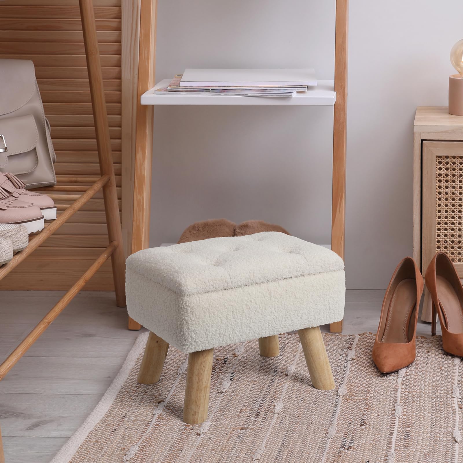 Storage Ottoman with Padded Seat - Small Boucle Teddy Velvet Foot Stool with Sturdy Wood Legs, Multi-Functional Storage Ottoman for Living Room, Bedroom & Entryway (Cream) | Perfect for Extra Seating, Foot Rest & Home Organization