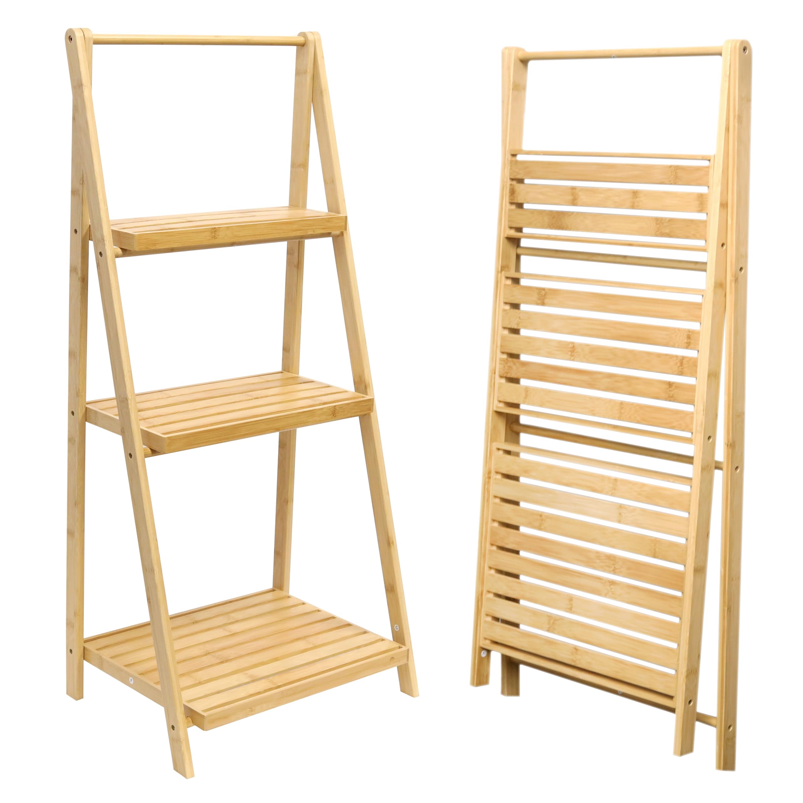 RoyalHouse 3-Tier Bamboo Foldable Shelf - Multi-Purpose Storage Rack for Books, Plants & Home Decor | Space-Saving Ladder Shelf for Living Room, Bedroom, Kitchen & Office Organization