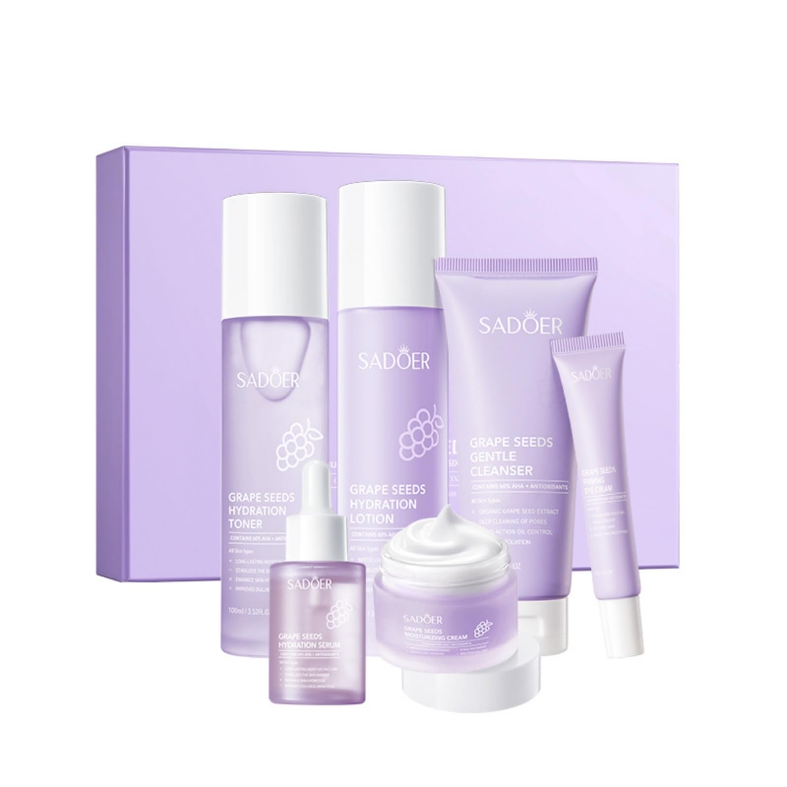SADOER Grape Seed Skincare Gift Set - Hydrating Toner, Lotion, Face Wash & Moisturizing Cream for Dry Skin | Anti-Aging Facial Care Routine | Perfect Spa Day & Birthday Gift for Women