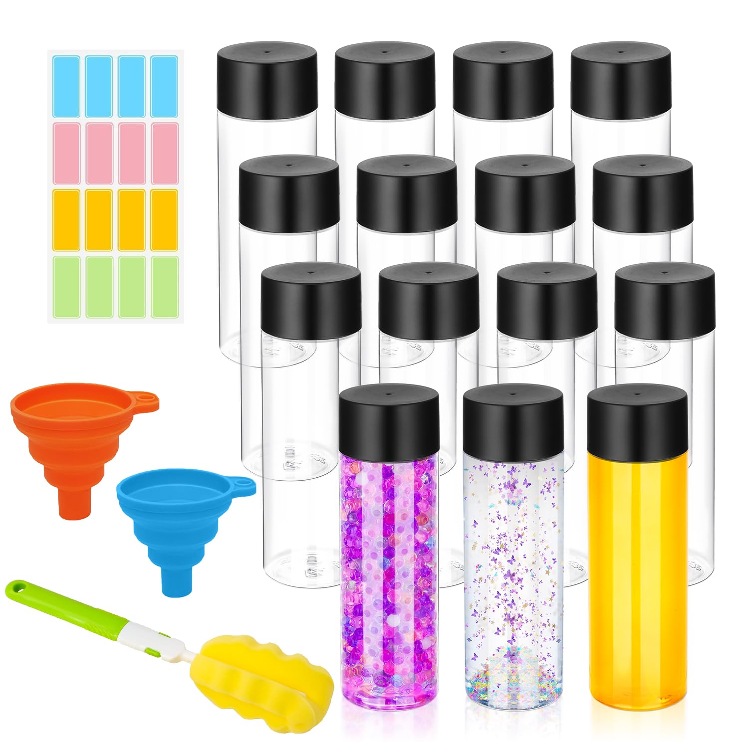 16 Pack 12 oz Clear Plastic Bottles with Black Lids - Reusable Leakproof Juice & Water Containers for DIY Sensory Tubes, Kids Crafts, Science Experiments & Party Favors (350ml)