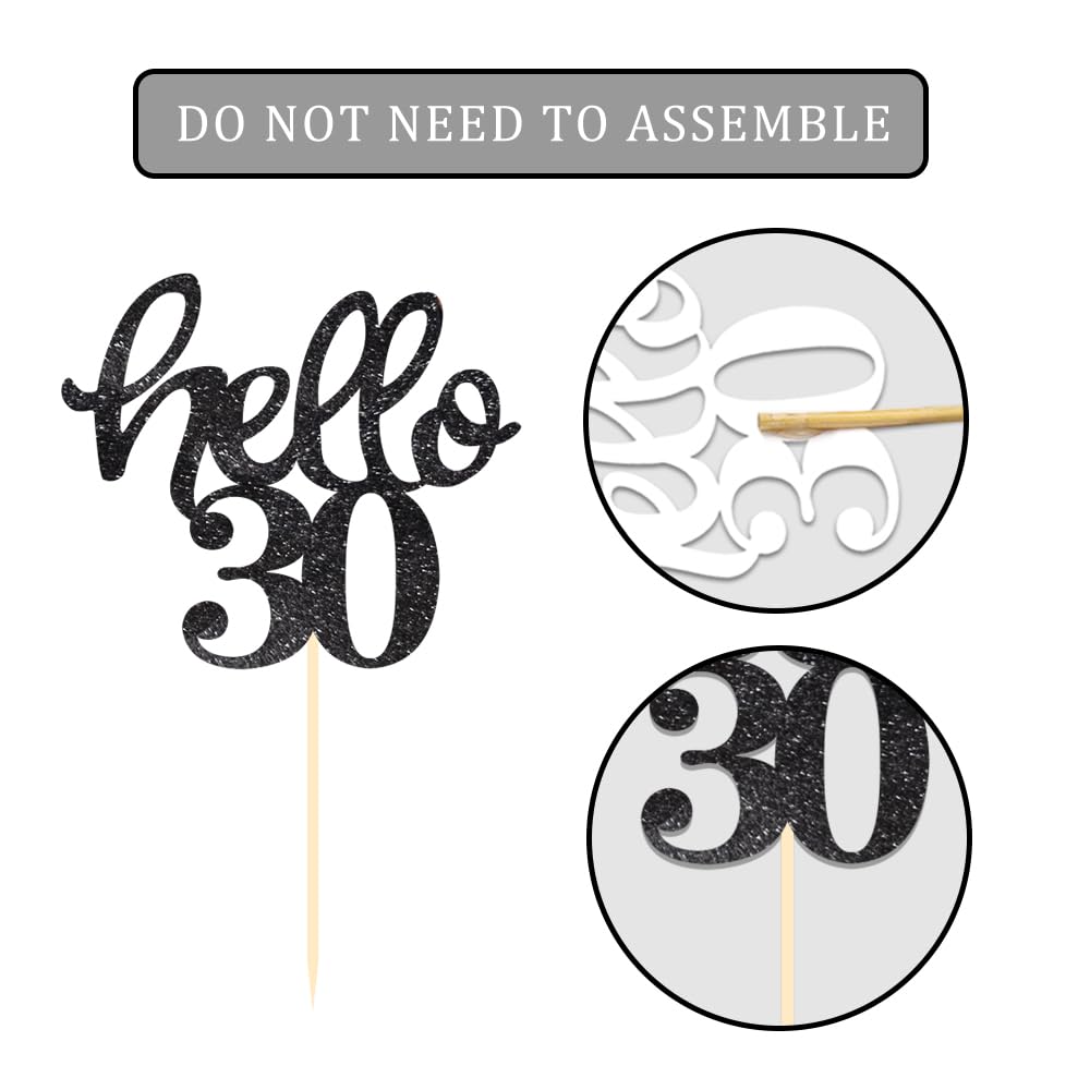 24 Pcs Black Glitter 30th Birthday Cupcake Toppers - Elegant 30th Anniversary Party Decor for Weddings, Birthdays & Celebrations - Perfect for Cake, Cupcake & Dessert Decorations