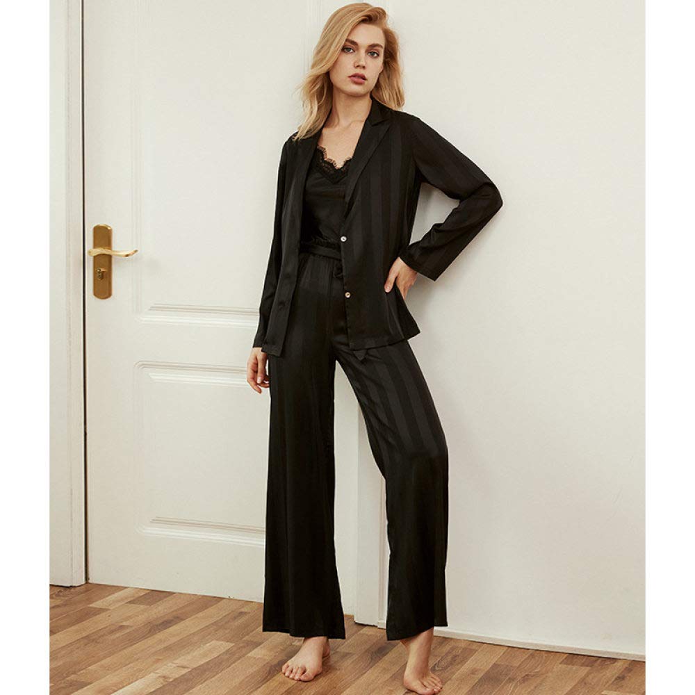 KTUCN Women's Satin Silk 3-Piece Pajama Set - Spring Summer Striped Blazer Top with Sling Vest & Long Pants | Soft Sleepwear for Lounge & Home | Black XL Size
