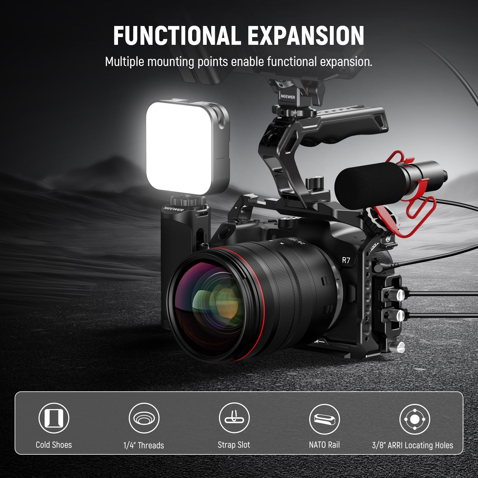 NEEWER CA038 R7 Camera Cage for Canon EOS R7 - Professional Aluminum Alloy DSLR Rig with Cold Shoe Mount & 1/4