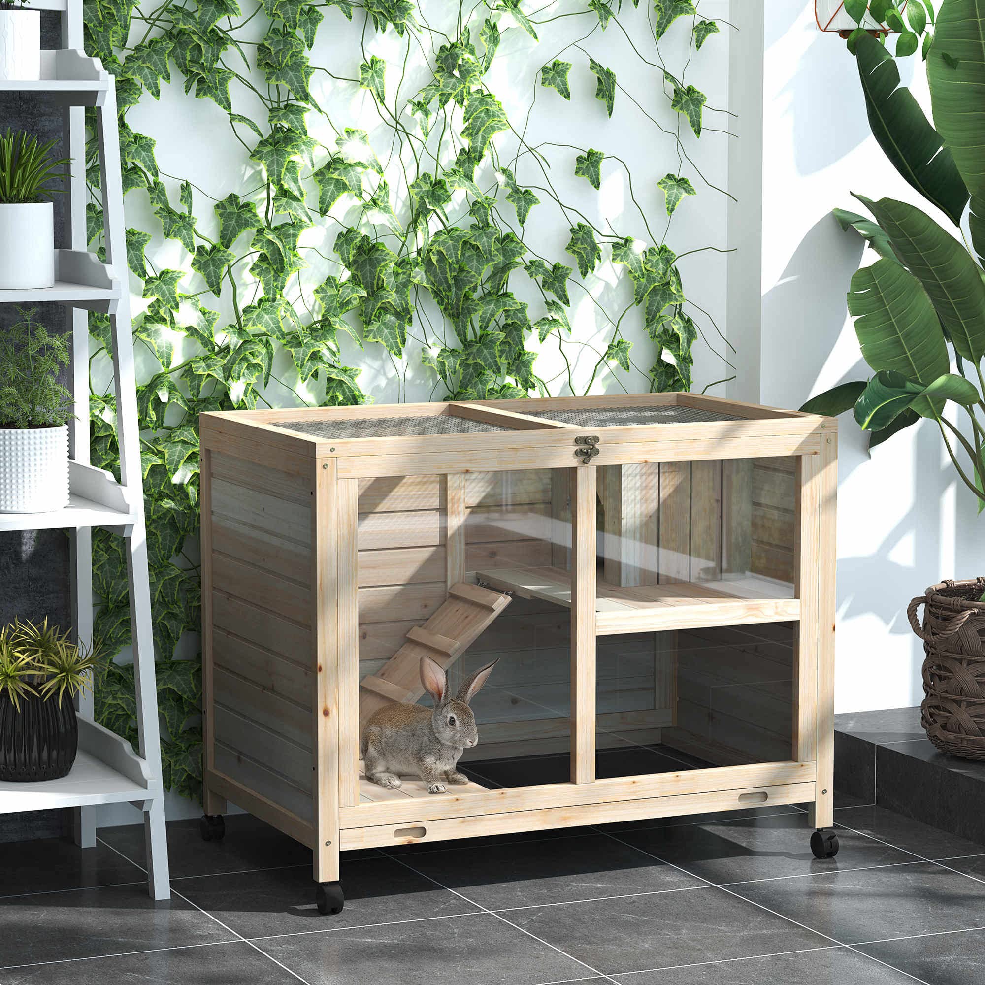 PawHut Wooden Rabbit Hutch with Wheels - Waterproof Bunny Cage with Removable Tray & Openable Roof - Indoor/Outdoor Small Animal House for Rabbits, Guinea Pigs - Perfect for Backyard, Garden or Patio Use