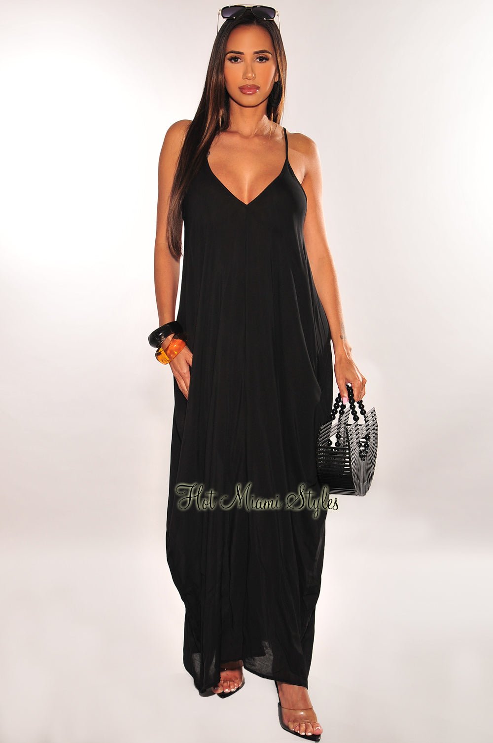 Black Spaghetti Strap V-Neck Maxi Dress - Summer Beach Cover Up, Boho Chic Wedding Guest Dress, Casual Sundress for Women