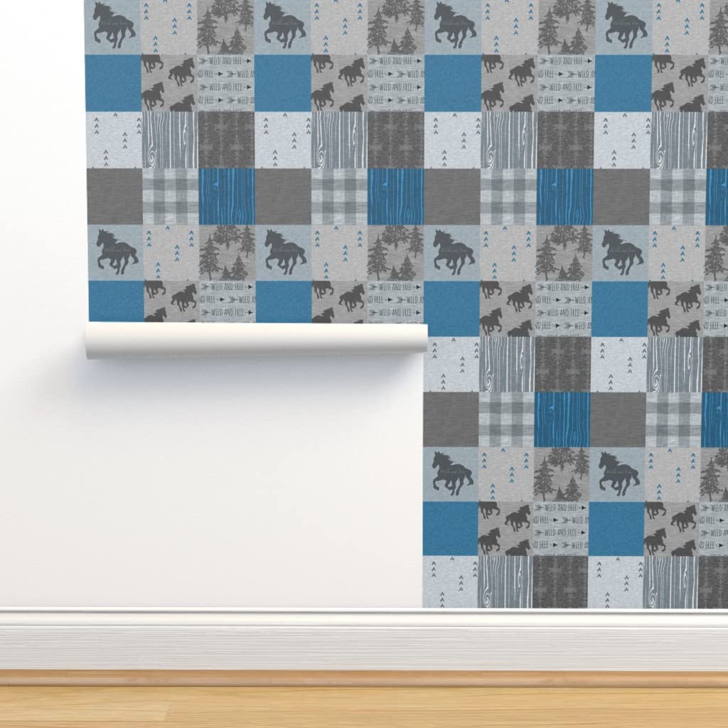 Wild Horses Patchwork Gray & Blue Equestrian Western Removable Pre-Pasted Wallpaper Swatch - Custom Peel & Stick Wallpaper for Nursery, Bedroom, Office Decor | Spoonflower