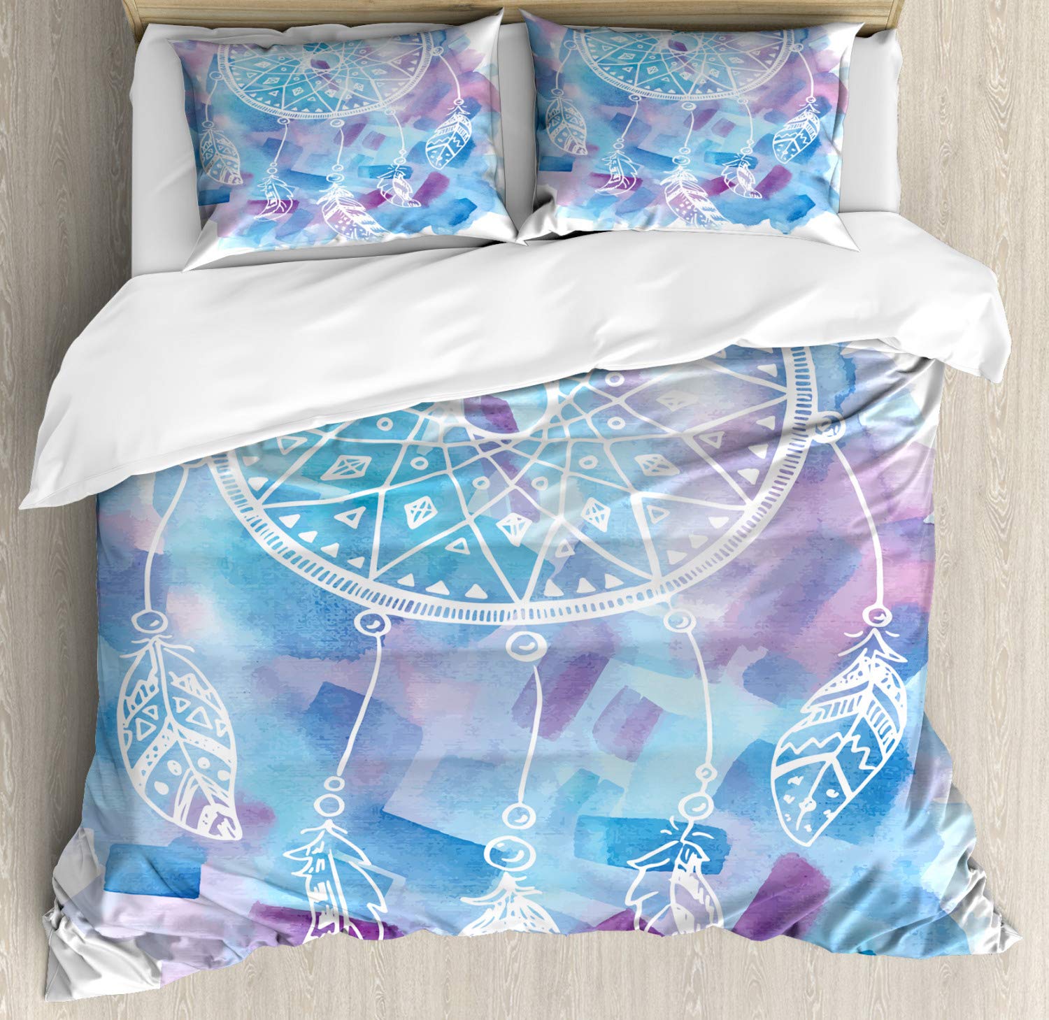 Ambesonne Feather Duvet Cover Set - Abstract Dream Catcher Watercolor Design with Brushstrokes, 2-Piece Queen Size Bedding Set Includes 2 Duvet Covers & 4 Pillowcases, Pale Blue Lilac White - Perfect for Bohemian Bedroom Decor & Guest Room Styling