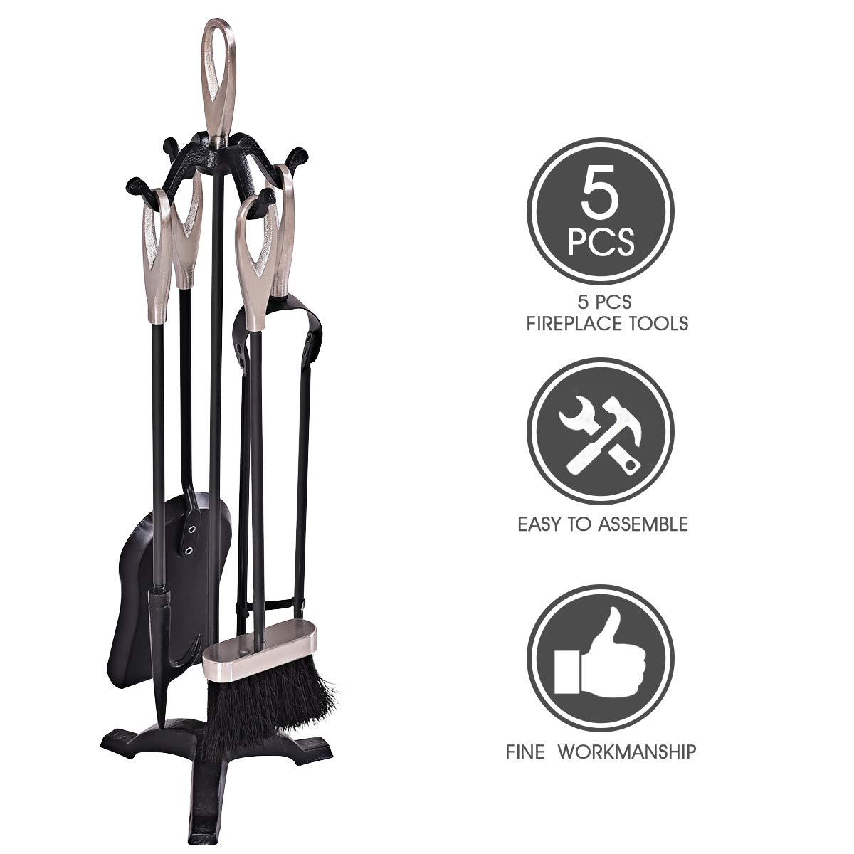 Tangkula 5-Piece Rustic Heavy Duty Wrought Iron Fireplace Tool Set with Pedestal Stand & Hearth Tools, 25.5