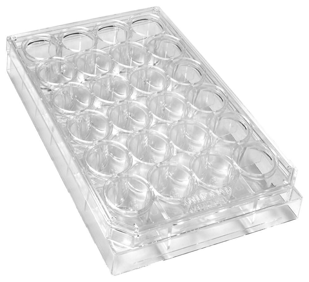 Sterile 24-Well Cell Culture Plates with Lids - Polystyrene, Individually Packed (100-Pack) - For Laboratory Research, Microbiology & Cell Growth Studies - Temperature Range -30°C to 65°C