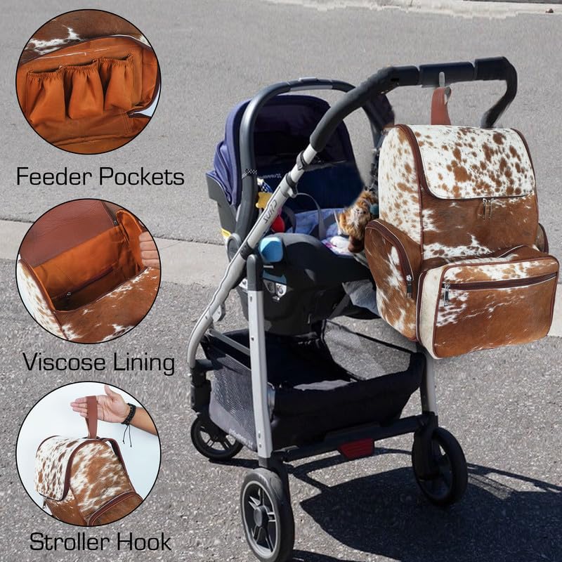 Western Cowhide Print Leather Diaper Backpack for Women - Large Travel Baby Bag with Multiple Pockets | Stylish Brown & White Design | Perfect Shower Gift for New Moms, Nursing & Travel Use