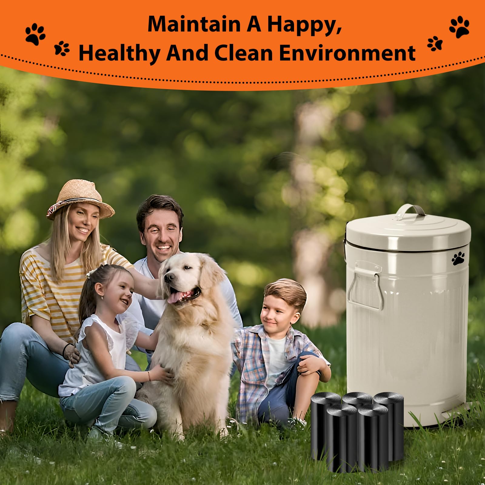 12L/3.1Gal Metal Outdoor Dog Waste Trash Can with Lid & Foot Pedal - Includes 100 Dog Poop Bags, Soft Close Design, White Round Pet Waste Bin for Backyard, Garden & Park Cleanup